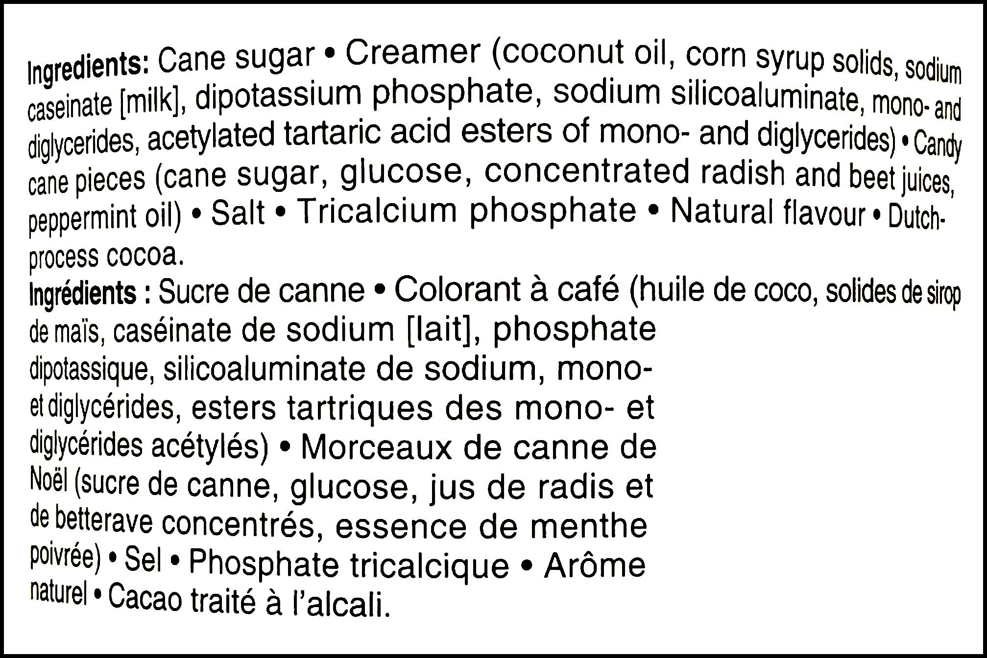 Ingredients label of Compliments Candy Cane White Hot Chocolate Mix, 350g/12.3 oz., Tin