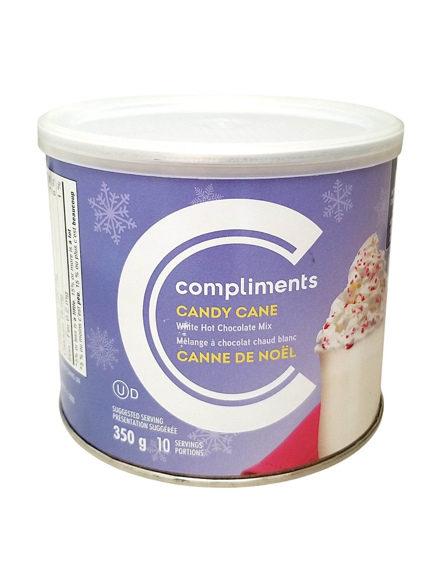Front of Compliments Candy Cane White Hot Chocolate Mix, 350g/12.3 oz., Tin
