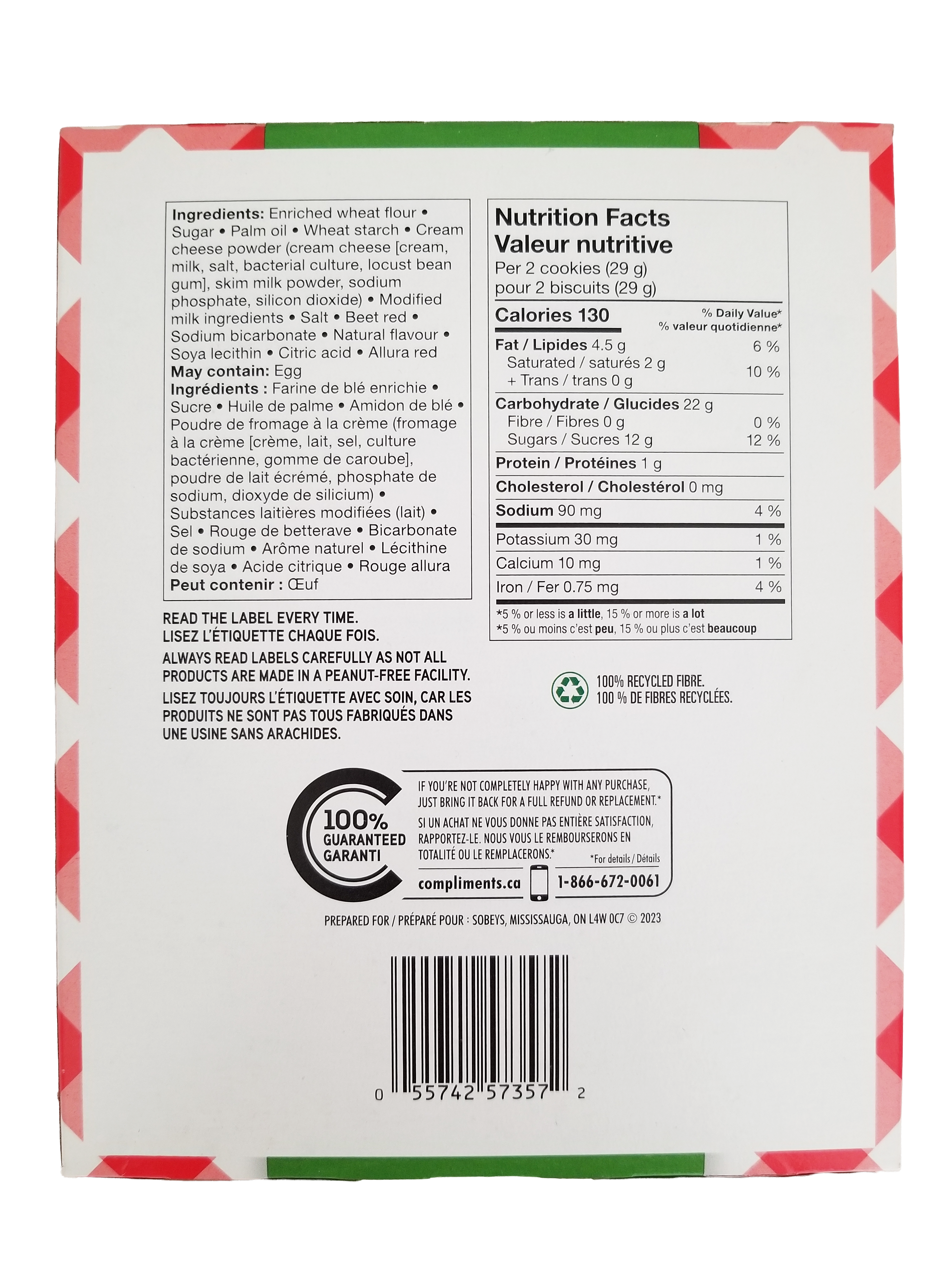 Back of Compliments Celebrate Canada Sandwich Cookies, 350g/12.3 oz package with nutritional information and ingredient list.