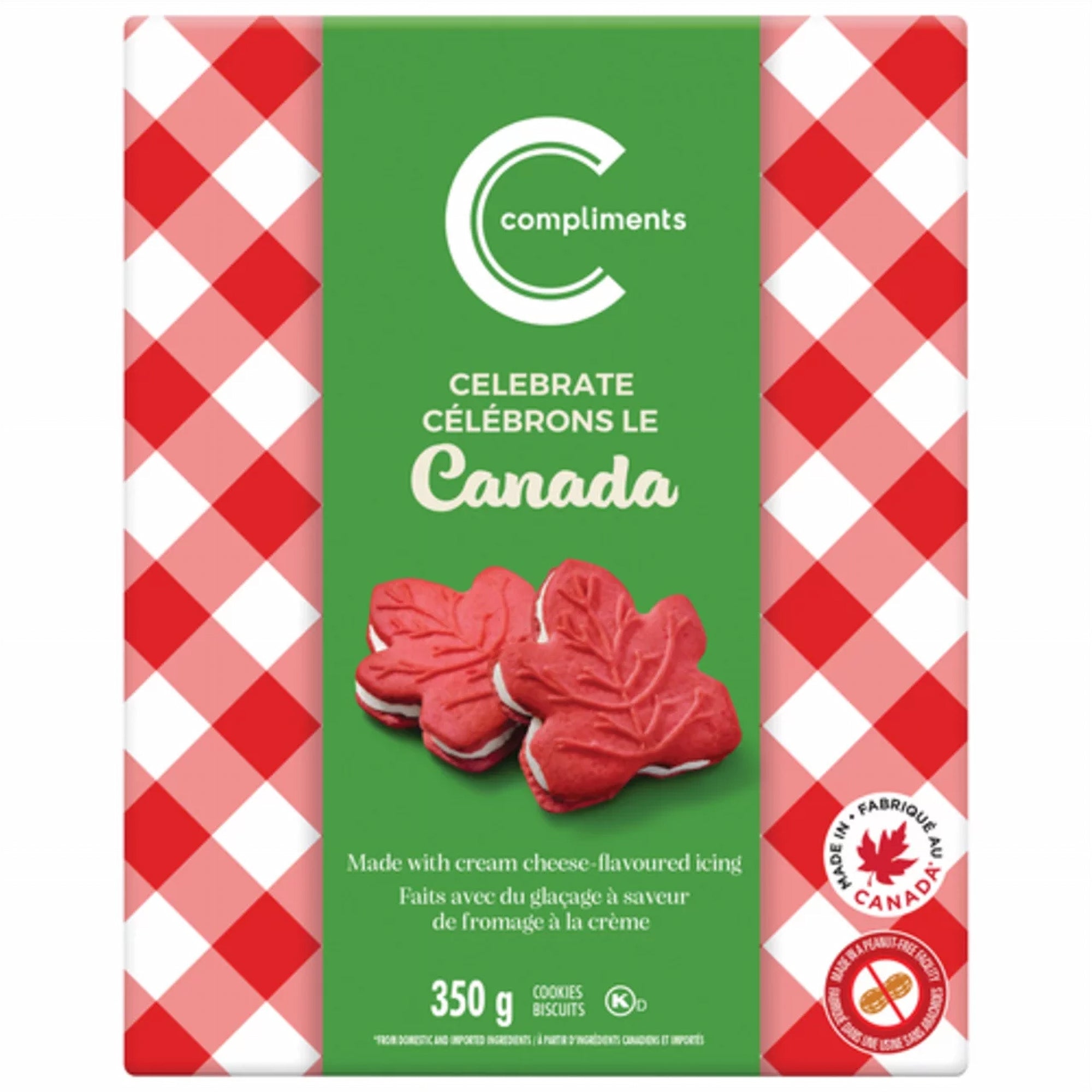 Packaged Compliments Celebrate Canada Sandwich Cookies, 350g/12.3 oz with a green, red and white checkered package on a white background
