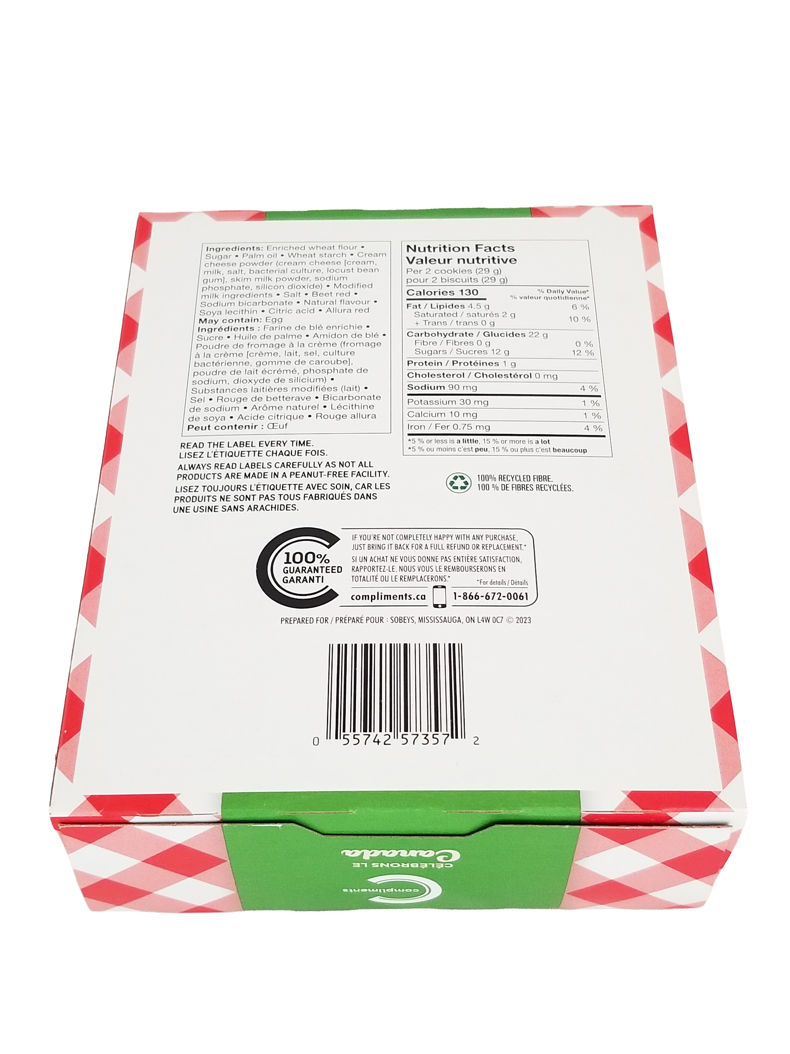 Back of Compliments Celebrate Canada Sandwich Cookies, 350g/12.3 oz package with nutritional information and ingredient list.