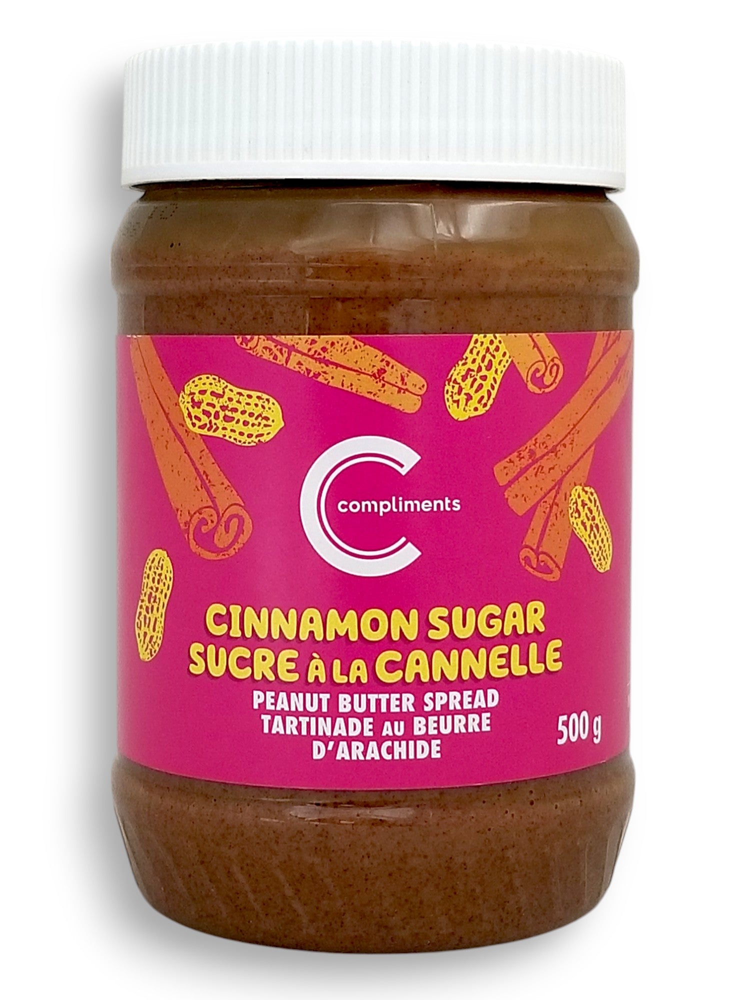 Compliments Cinnamon Sugar Peanut Butter Spread, 500g/17.6 oz - Front Of Jar