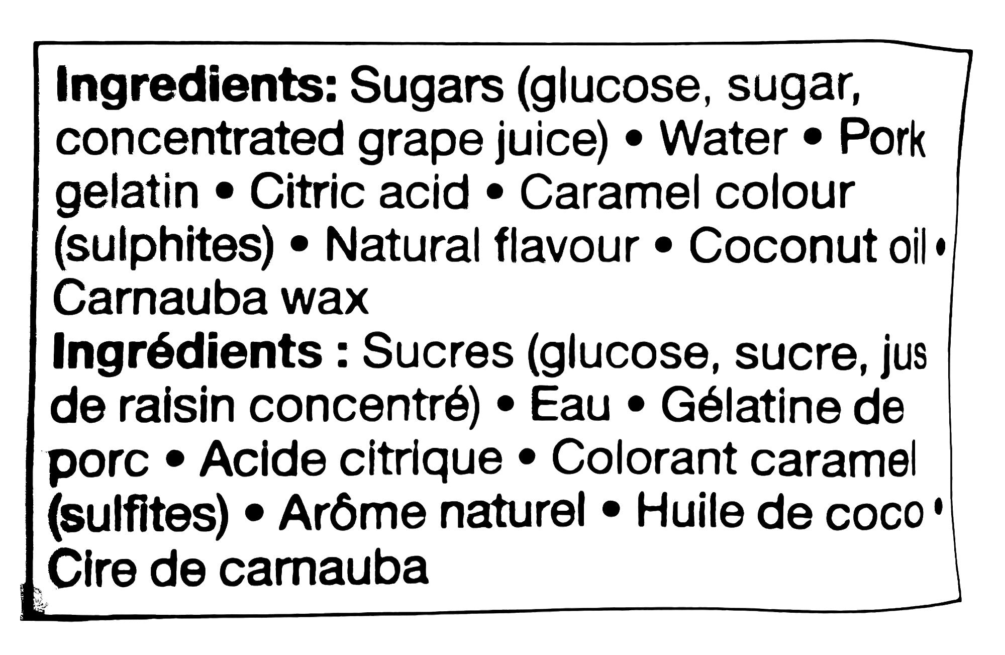 Compliments Coca Cola Gummy Candy, 125g/4.4 oz. Bag, ingredients label.