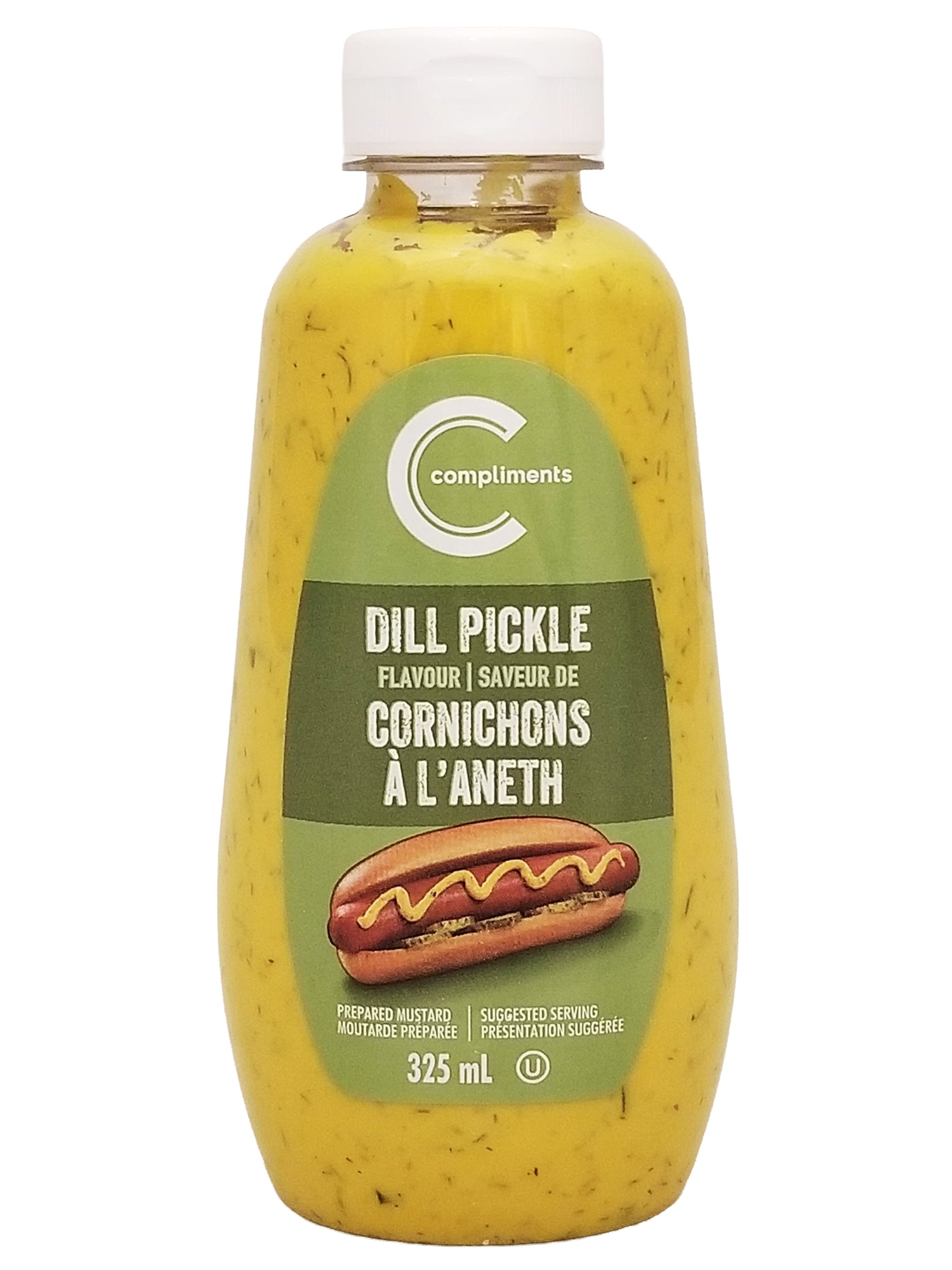 Compliments Dill Pickle Mustard 325ml bottle front view Canadian condiment