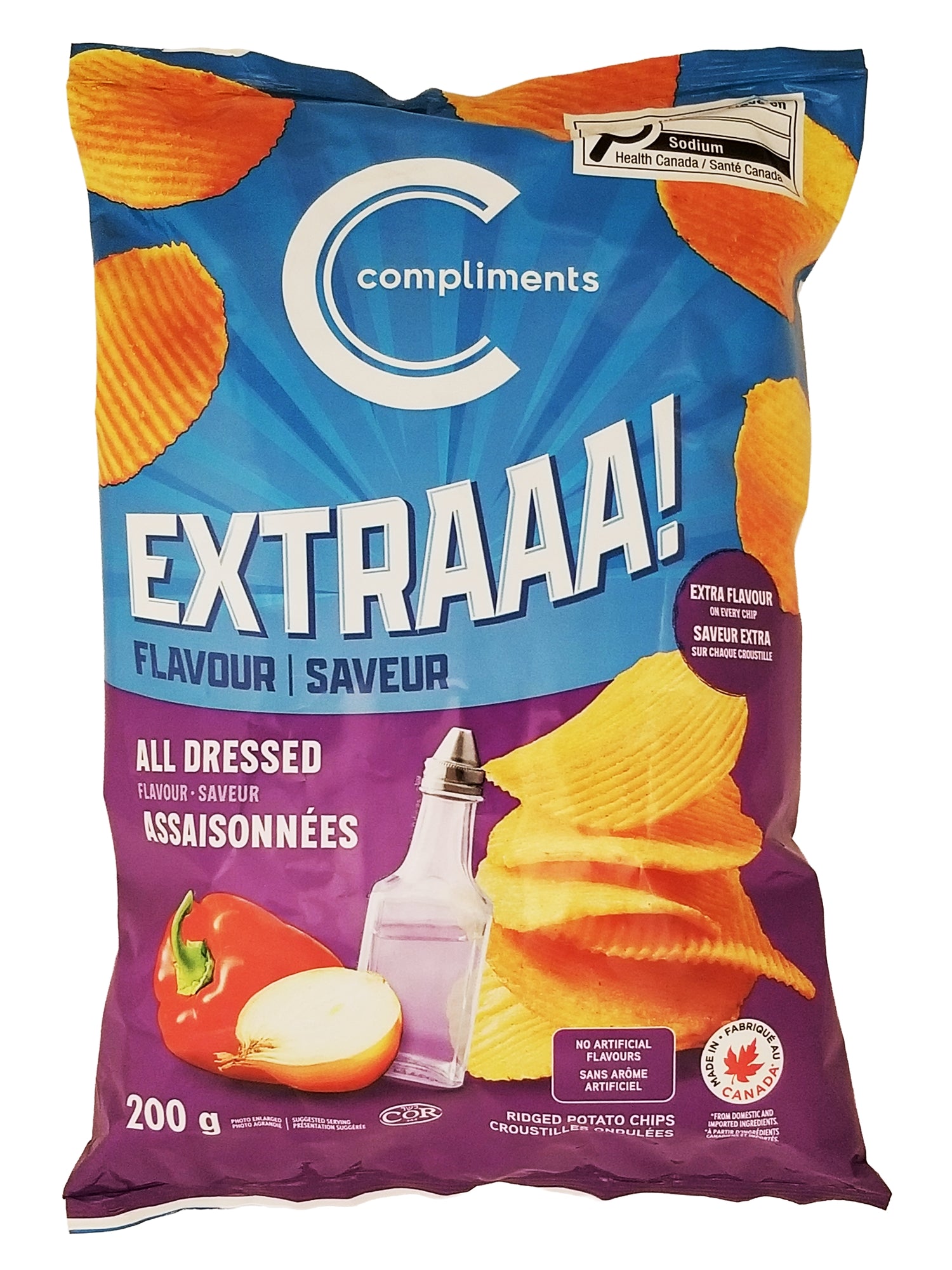 Compliments Extraaa All Dressed Ridged Potato Chips 200g front of bag