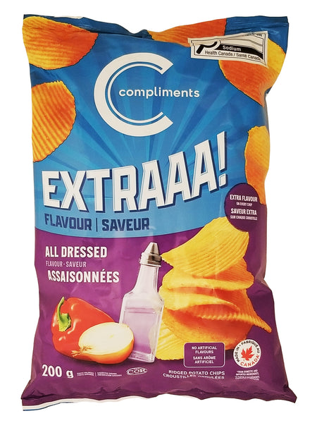 Compliments Extraaa All Dressed Ridged Potato Chips 200g front of bag