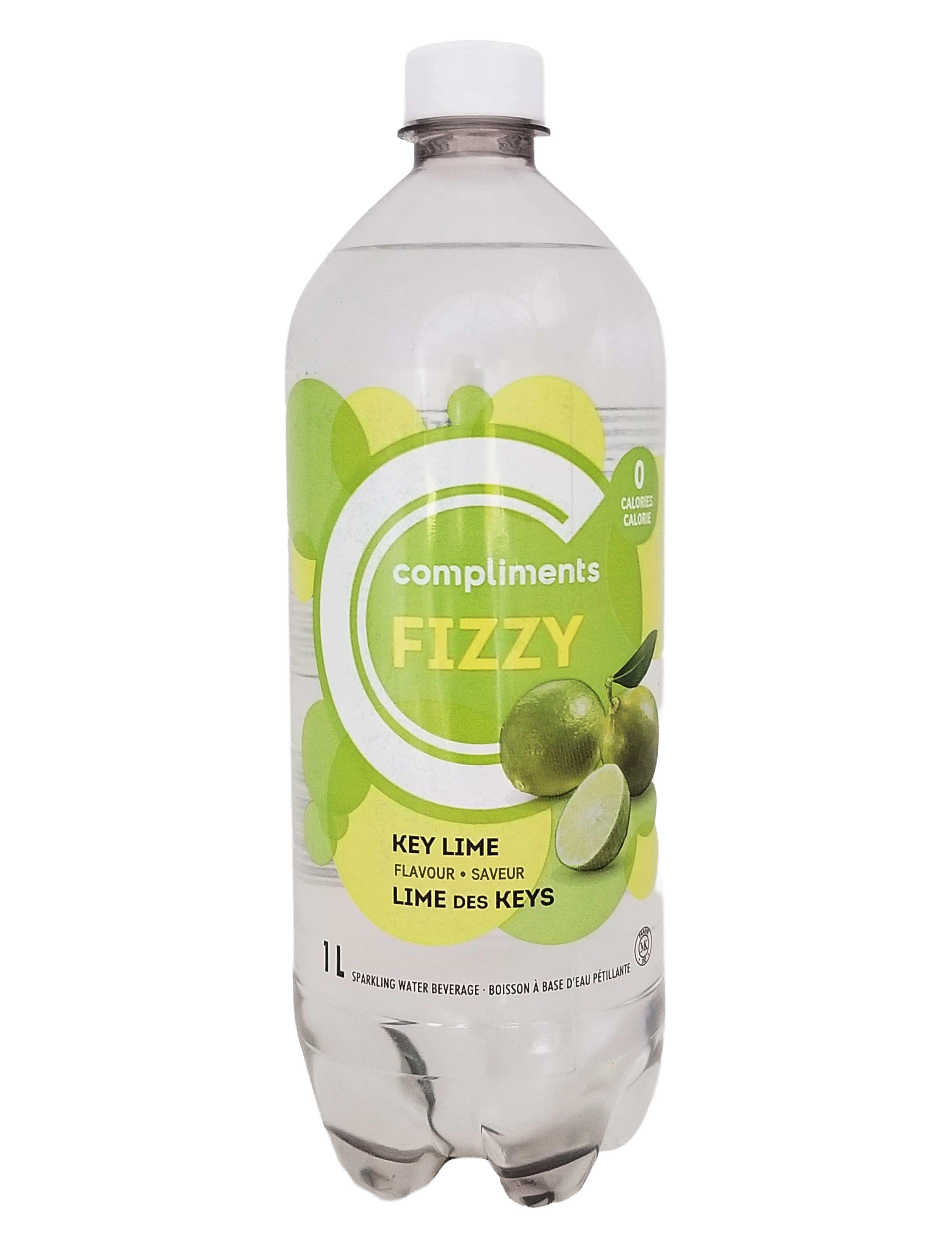 Compliments FIZZY Key Lime Flavored Sparkling Water, 1L/35.2 fl oz with green label on a white background