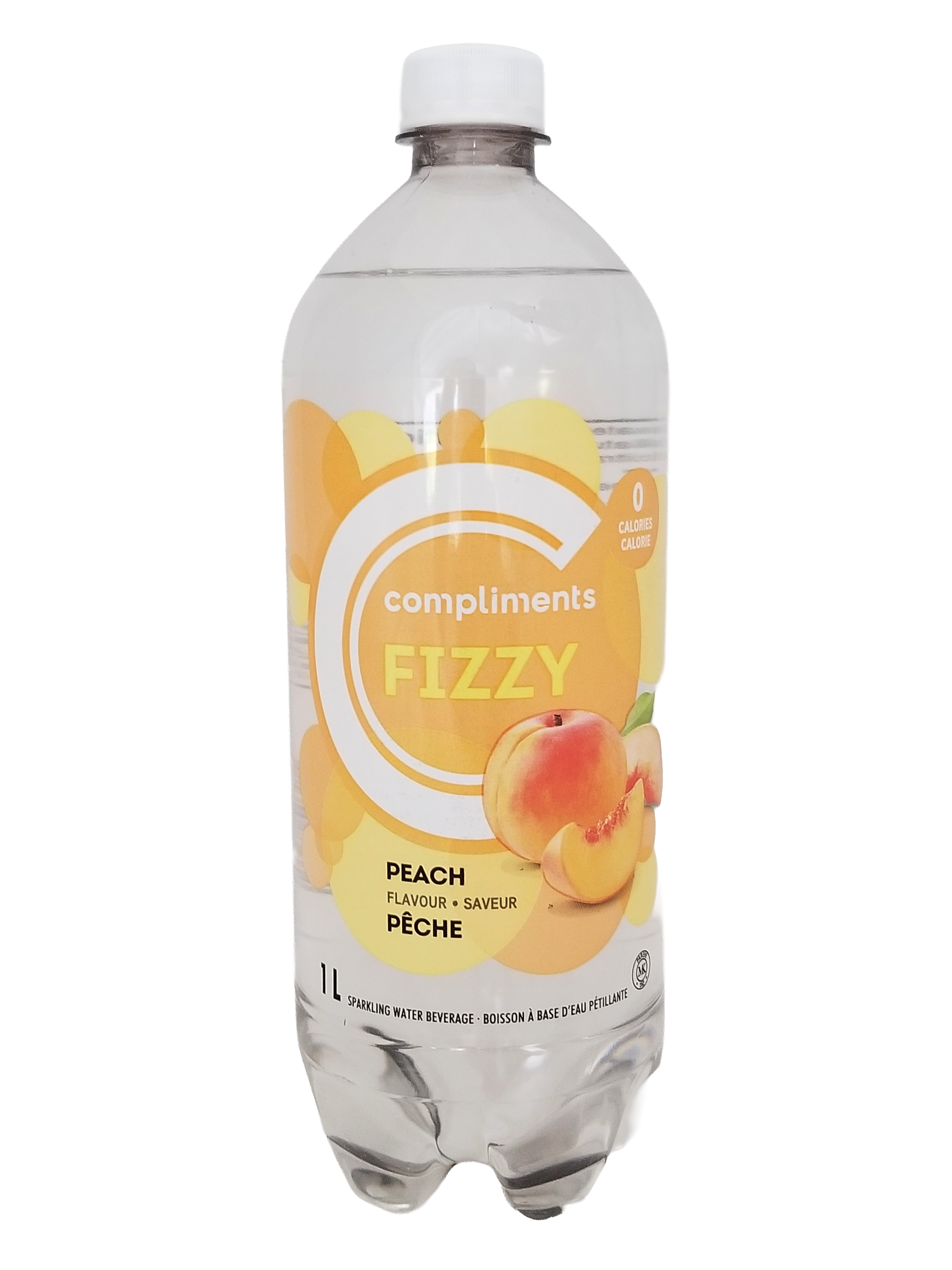 Compliments FIZZY Peach Flavored Sparkling Water, 1L/35.2 fl oz bottle on a white background