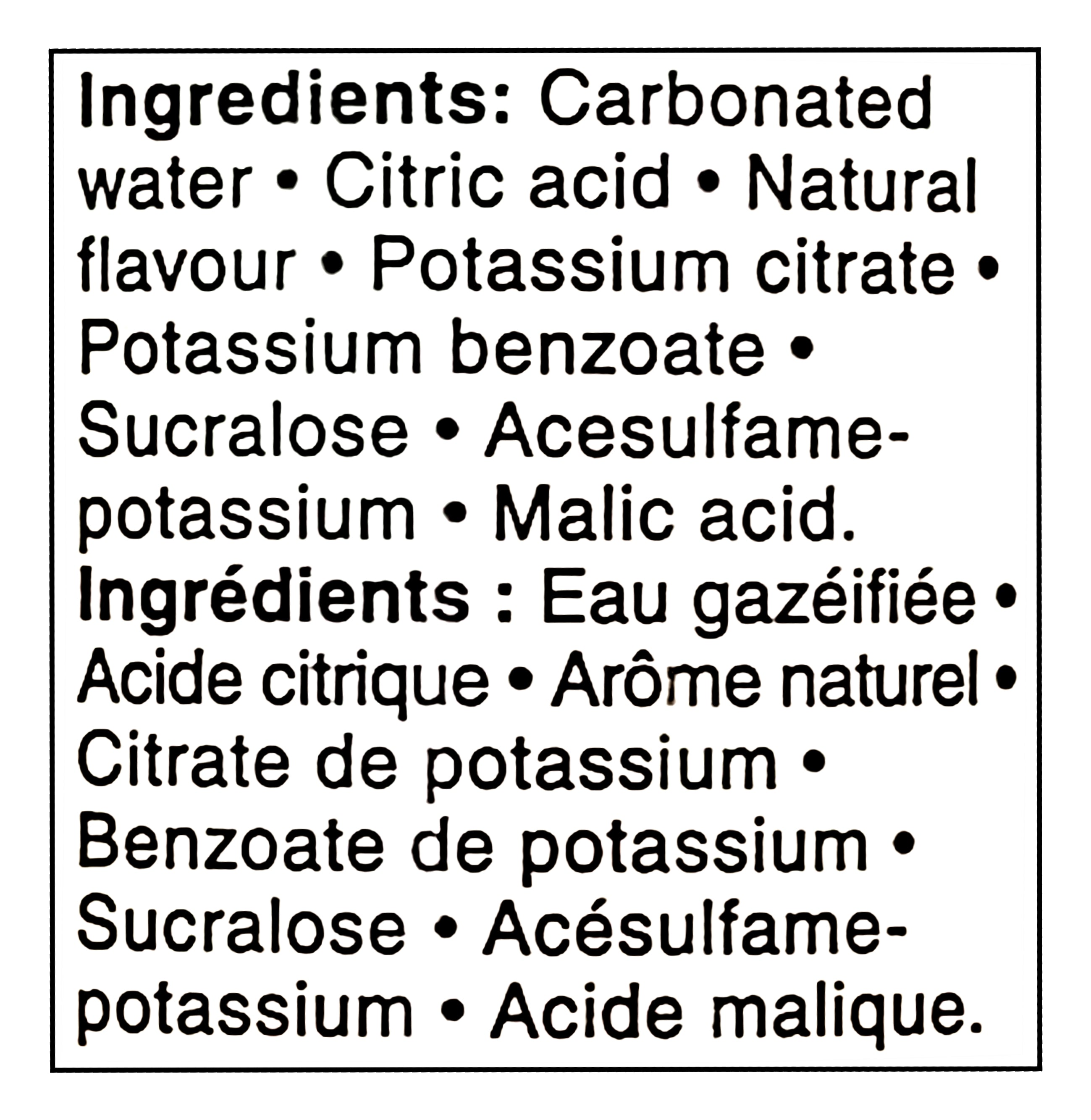 List of ingredients for Compliments FIZZY Peach Flavored Sparkling Water, 1L/35.2 fl oz with both English and French translations.
