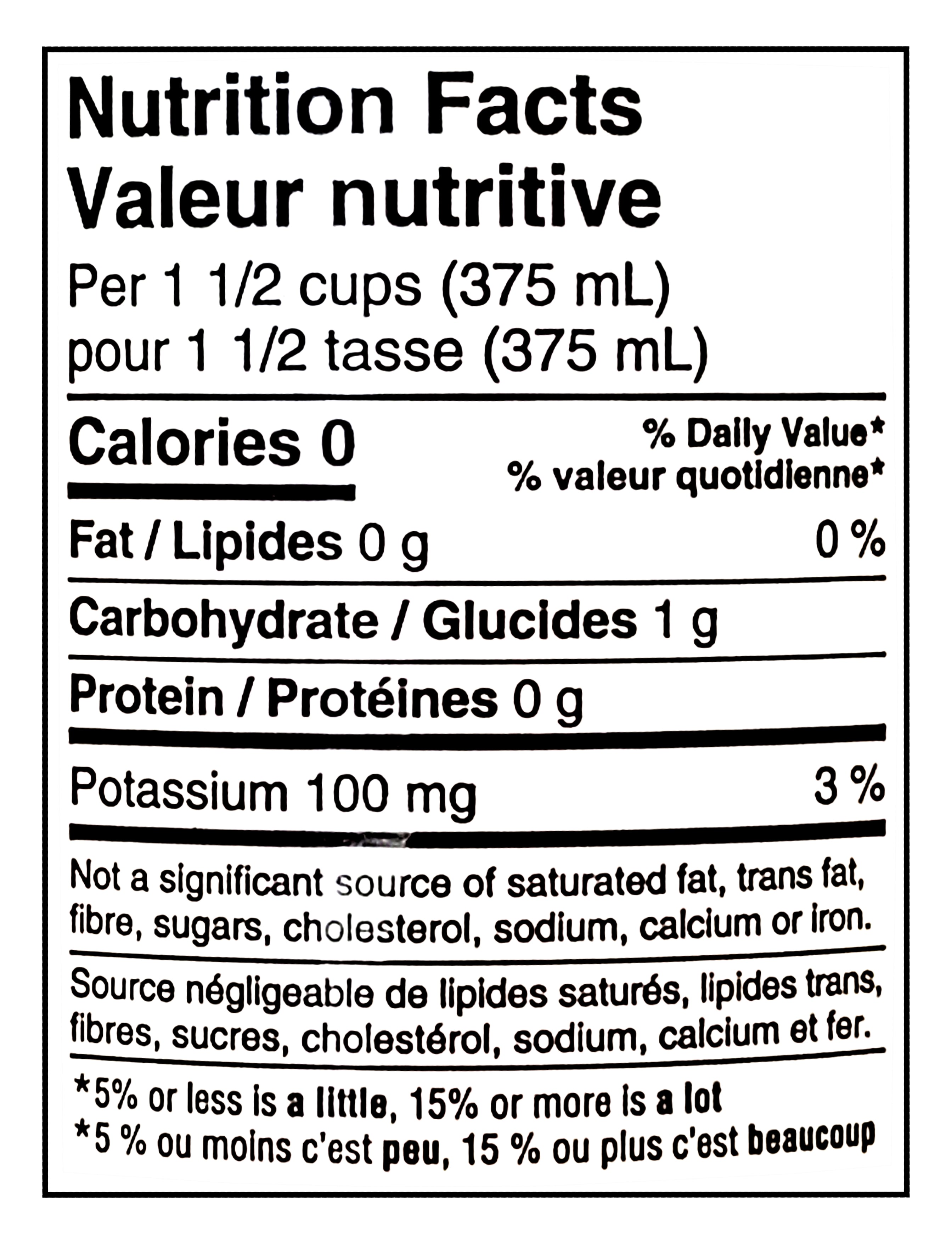 Nutrition facts label for Compliments FIZZY Peach Flavored Sparkling Water, 1L/35.2 fl oz with 0 calories, 0g fat, 1g carbohydrate, and 100mg potassium per serving.