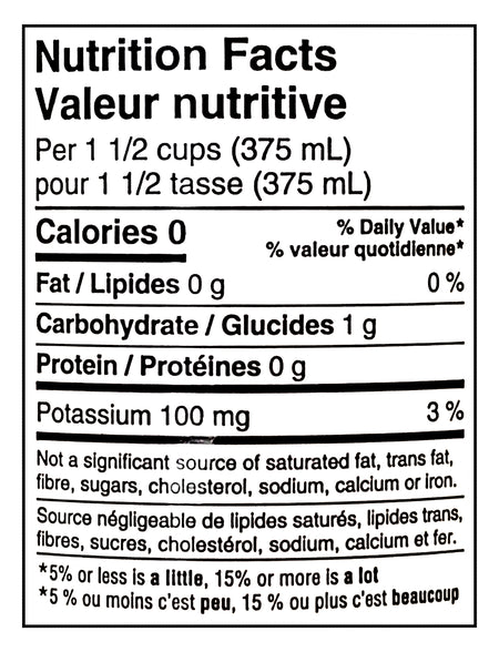 Nutrition facts label for Compliments FIZZY Peach Flavored Sparkling Water, 1L/35.2 fl oz with 0 calories, 0g fat, 1g carbohydrate, and 100mg potassium per serving.