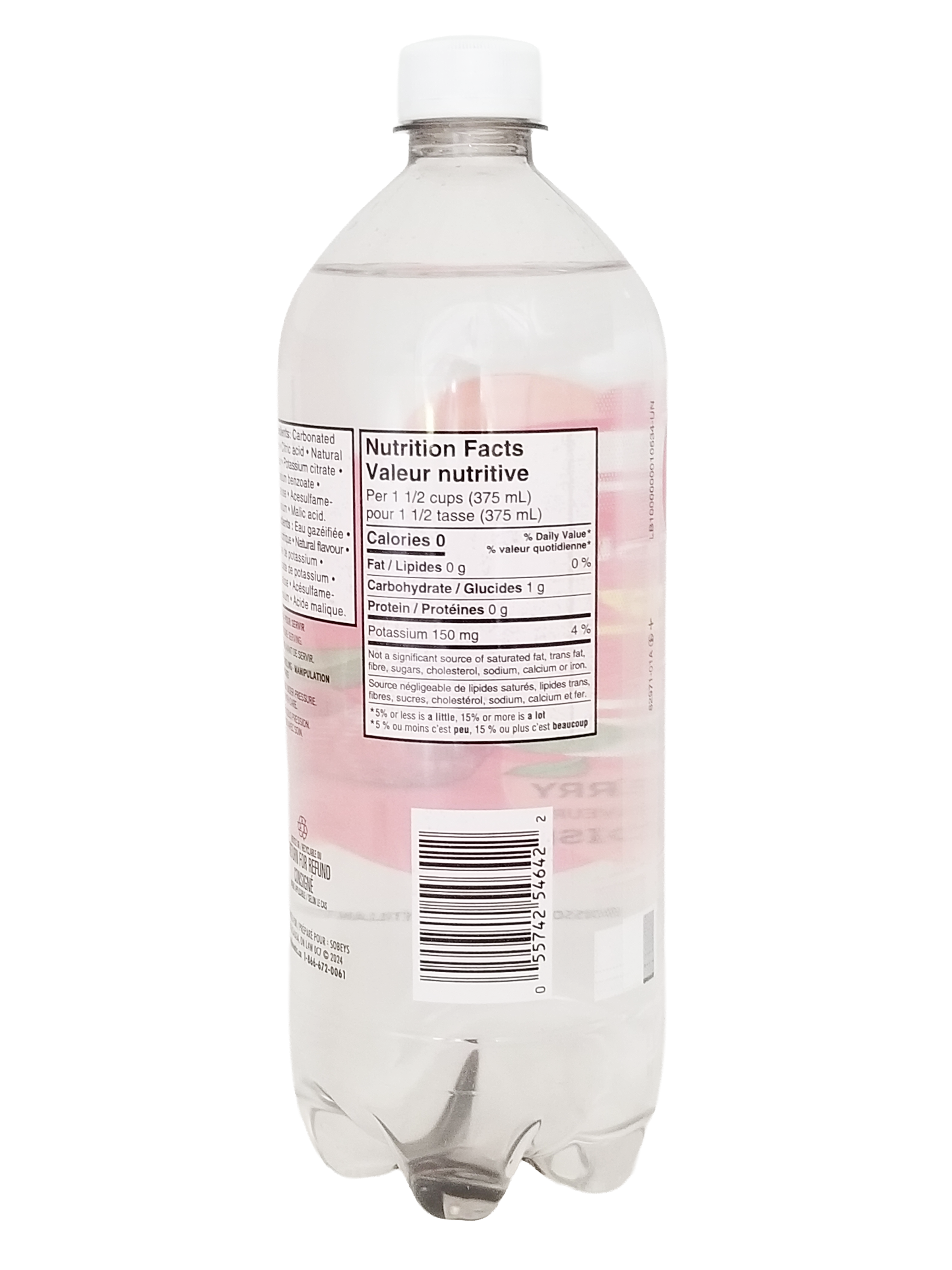 Compliments FIZZY Raspberry Flavored Sparkling Water, 1L/35.2 fl oz bottle with a nutrition facts label on a white background