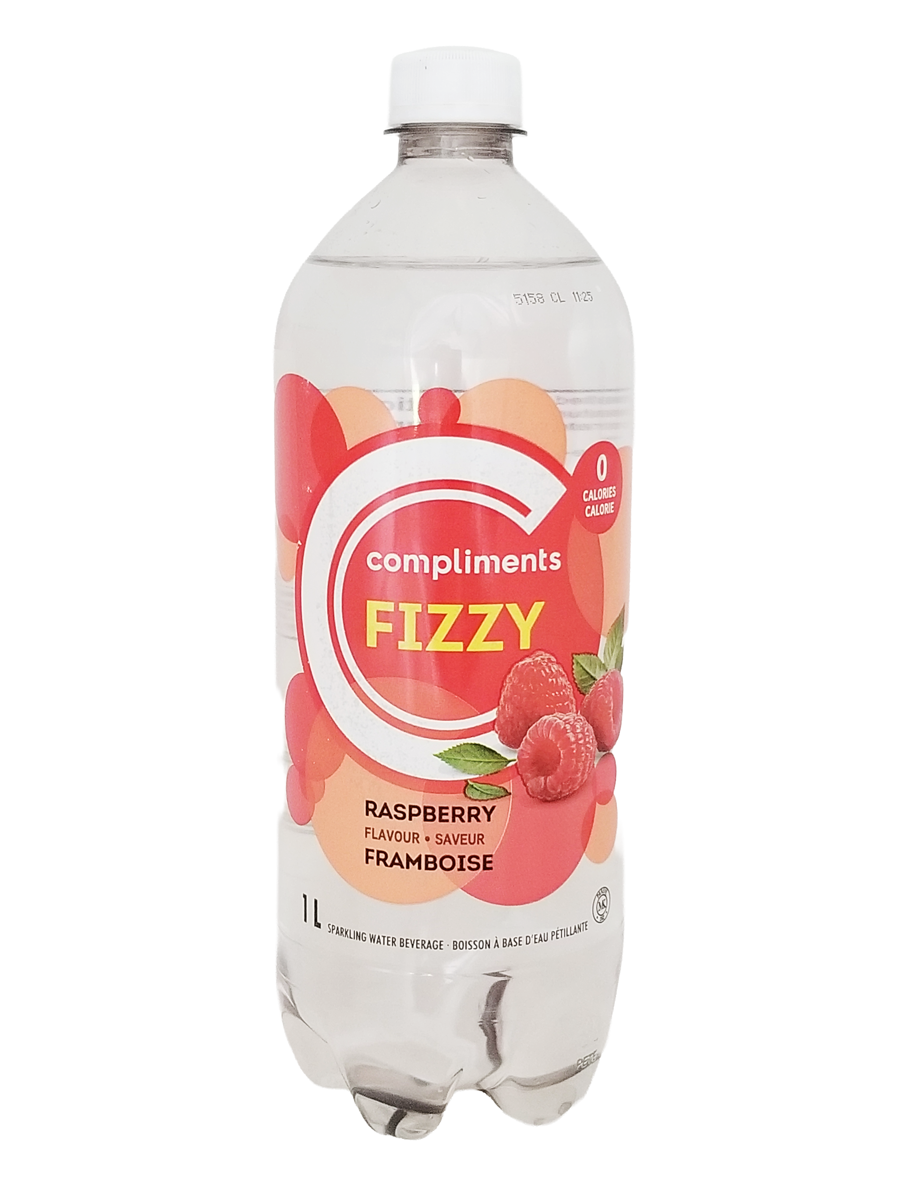 Bottle of Compliments Fizzy raspberry-flavored sparkling water on a white background