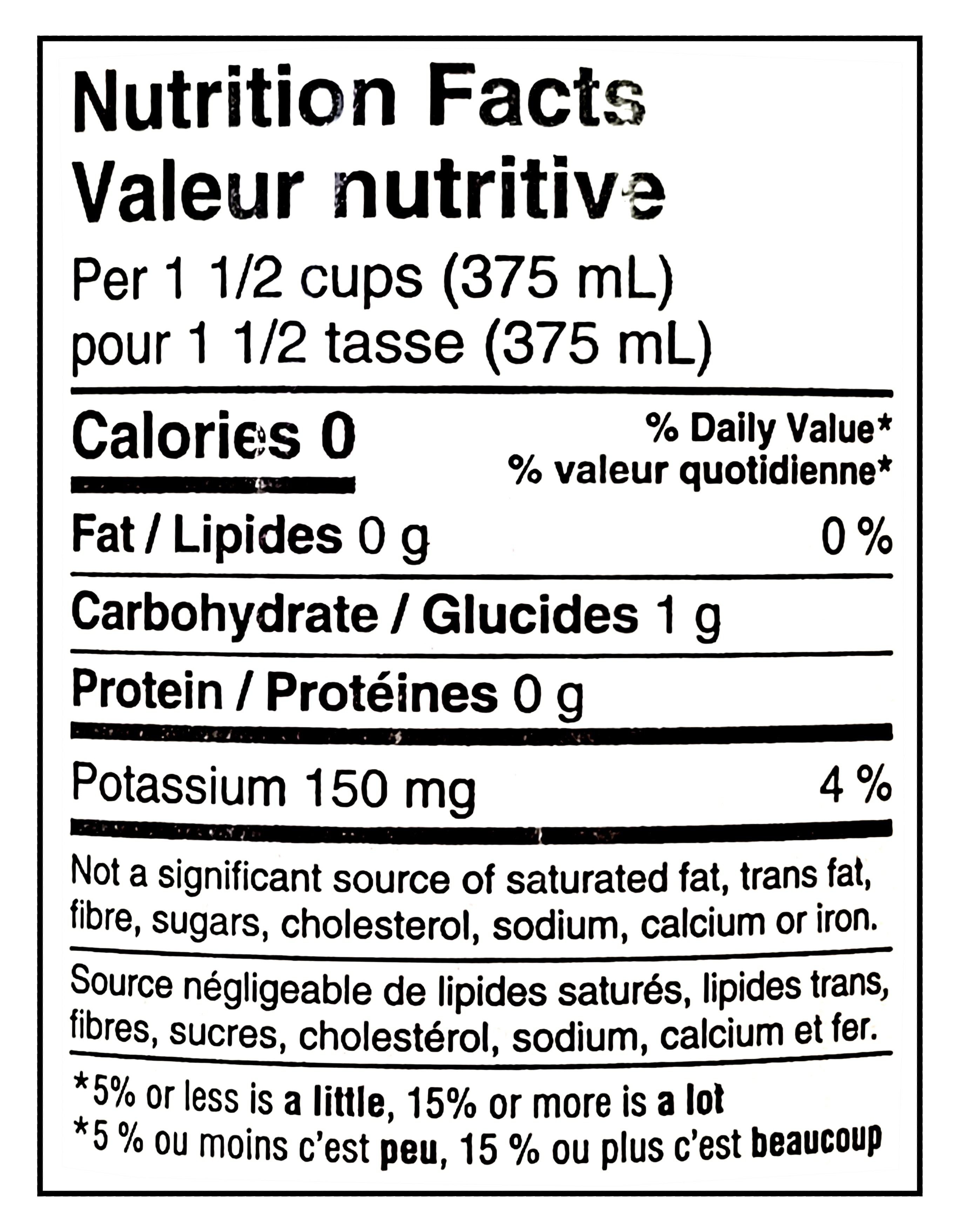 Nutrition facts label for Compliments FIZZY Raspberry Flavored Sparkling Water, 1L/35.2 fl oz with 0 calories, 0g fat, 1g carbohydrate, 0g protein, and 150mg potassium per 1.5 cups.