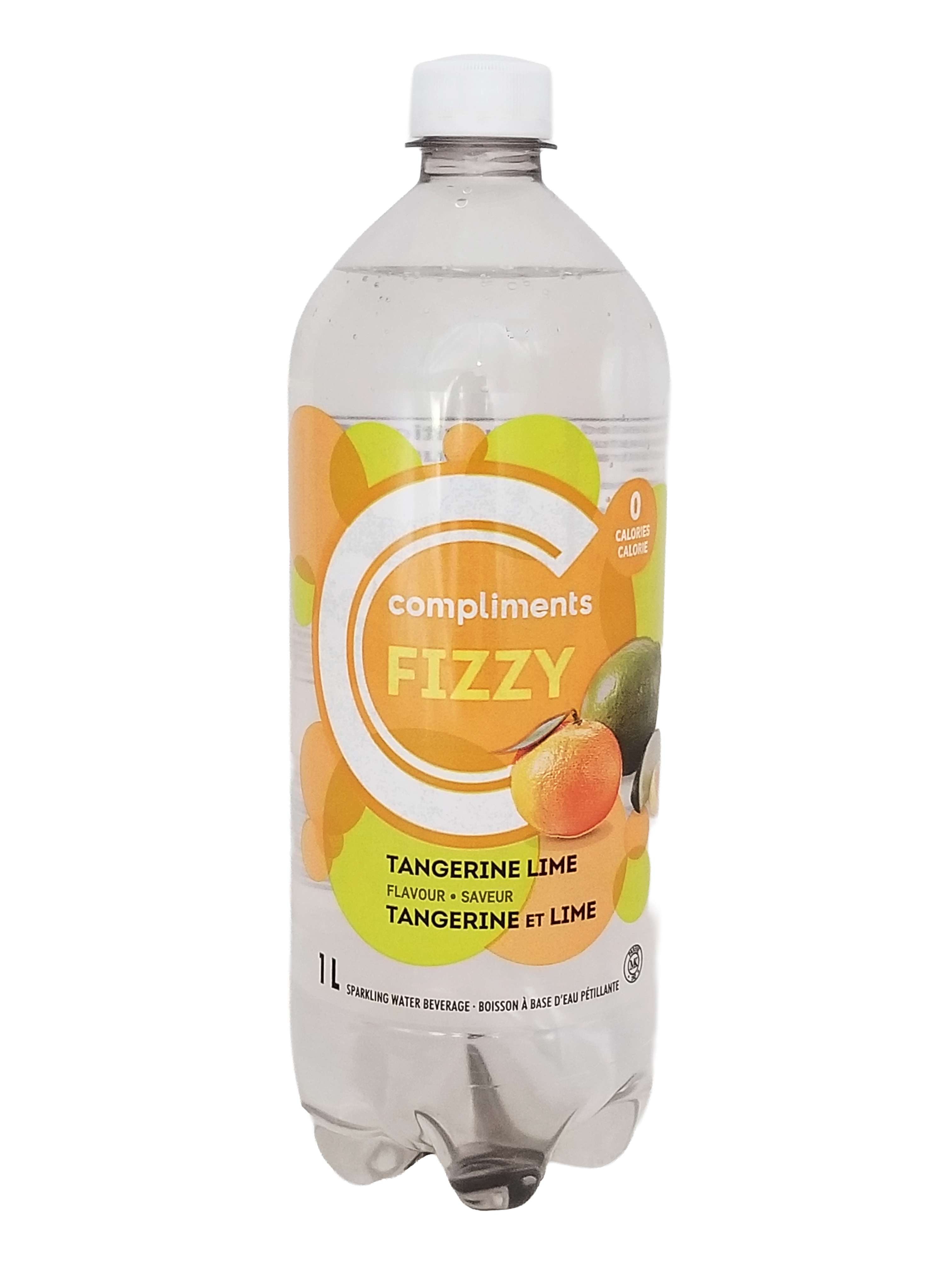 Compliments FIZZY Tangerine Lime Flavored Sparkling Water, 1L/35.2 fl oz on a white background