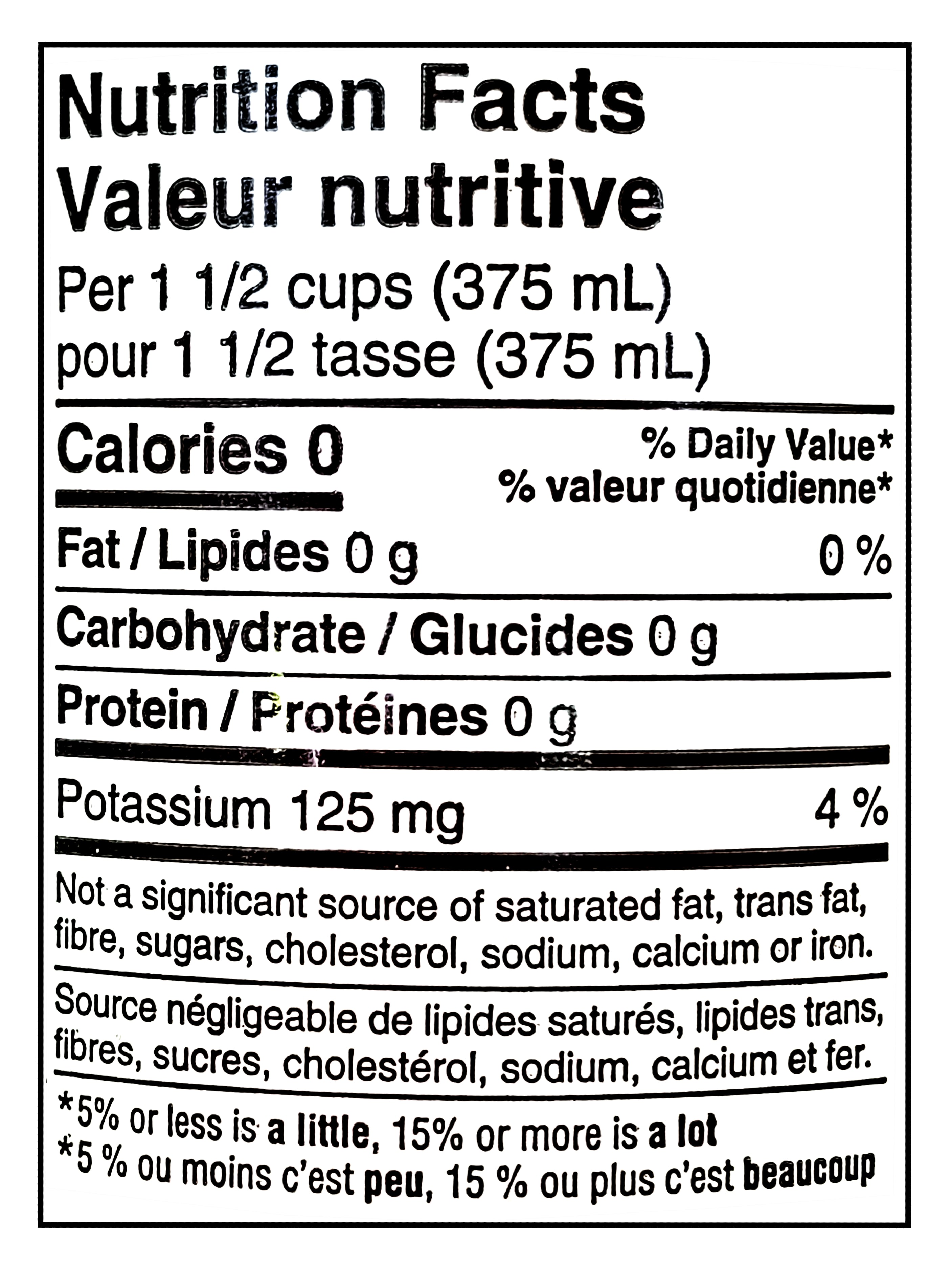 Nutrition facts label for Compliments FIZZY Tangerine Lime Flavored Sparkling Water, 1L/35.2 fl oz with 0 calories, 0g fat, 0g carbohydrates, 0g protein, and 125mg potassium per 1.5 cups.