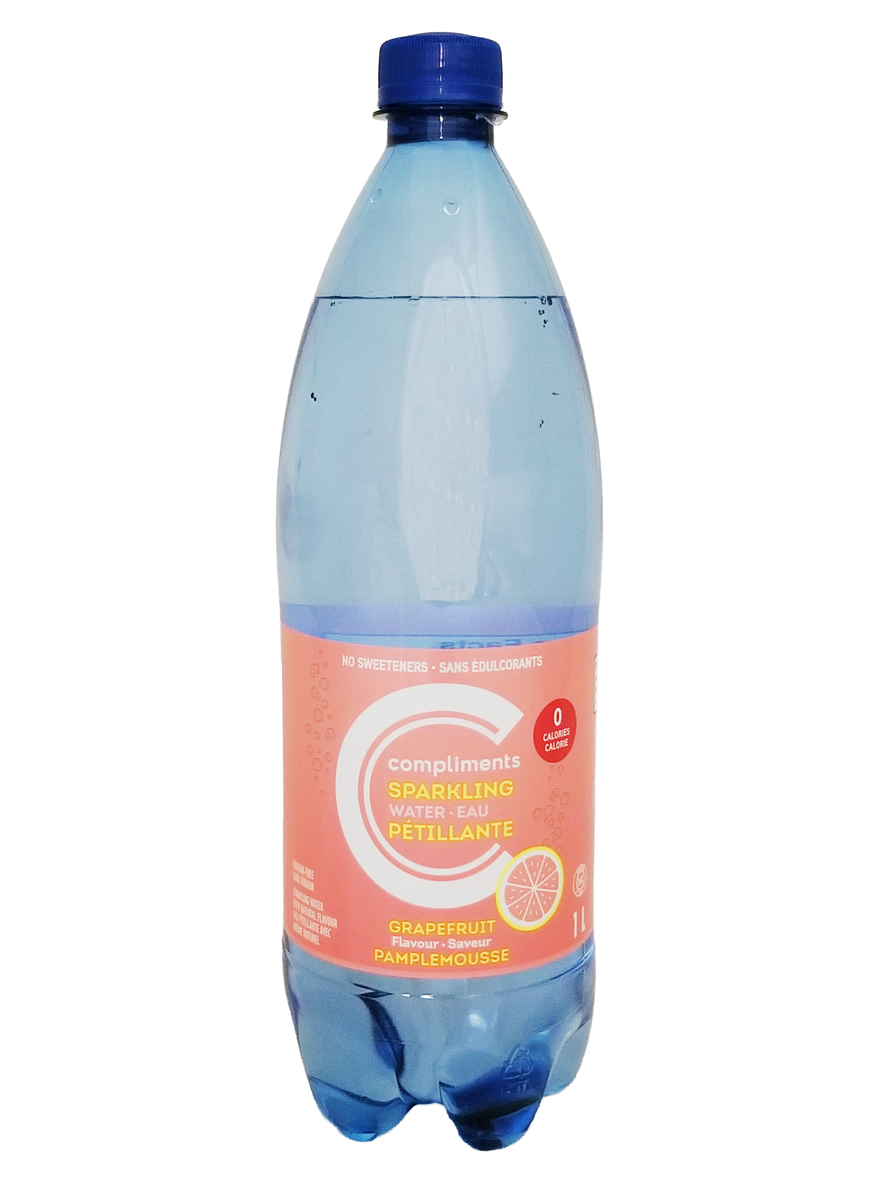 Bottle of Compliments Grapefruit Flavored Sparkling Water, 1L/35.2 fl oz on a white background