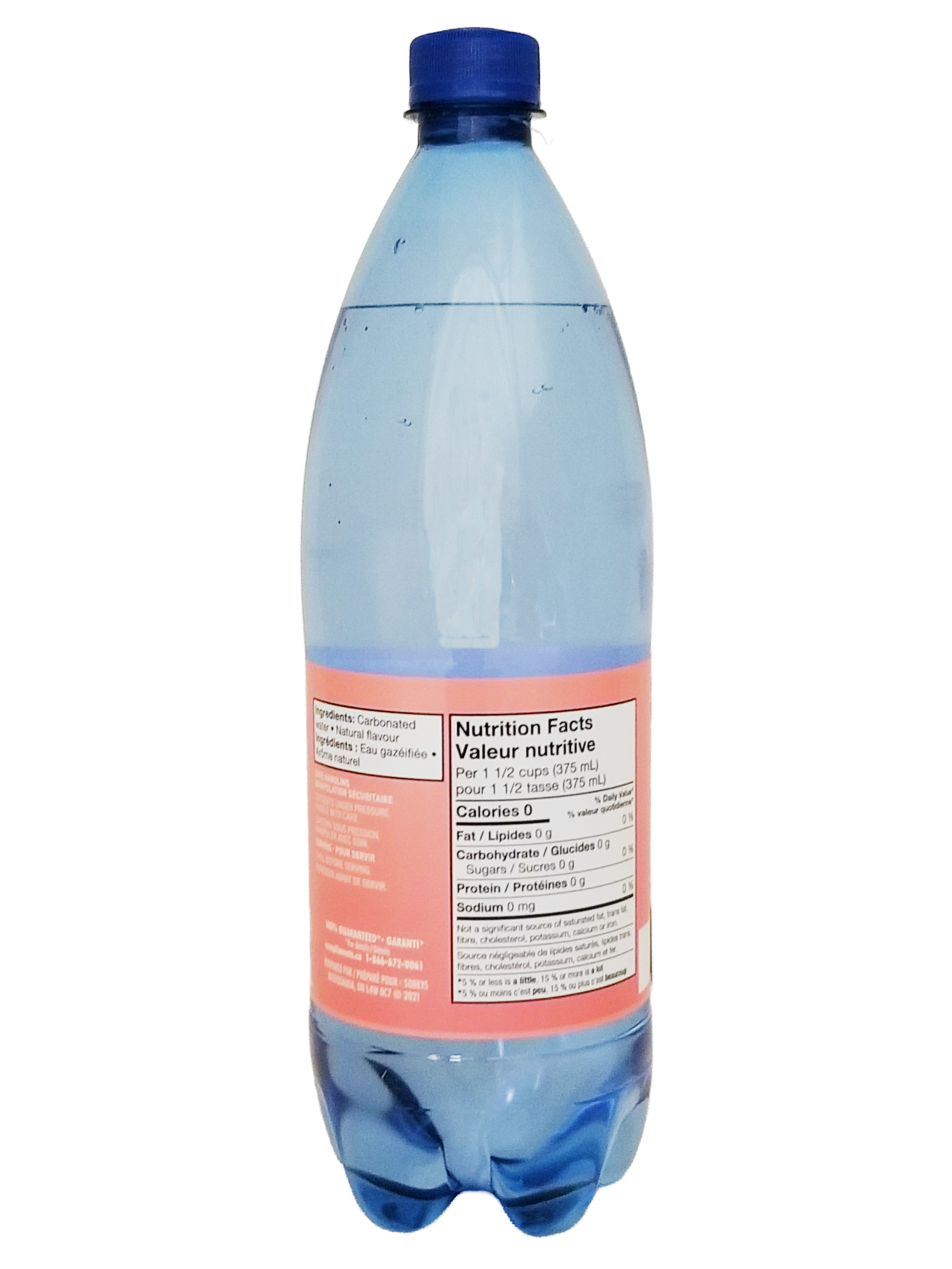 Blue bottle of Compliments Grapefruit Flavored Sparkling Water, 1L/35.2 fl oz
 with a nutrition facts label on a white background