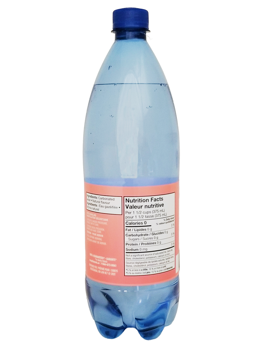 Blue bottle of Compliments Grapefruit Flavored Sparkling Water, 1L/35.2 fl oz
 with a nutrition facts label on a white background