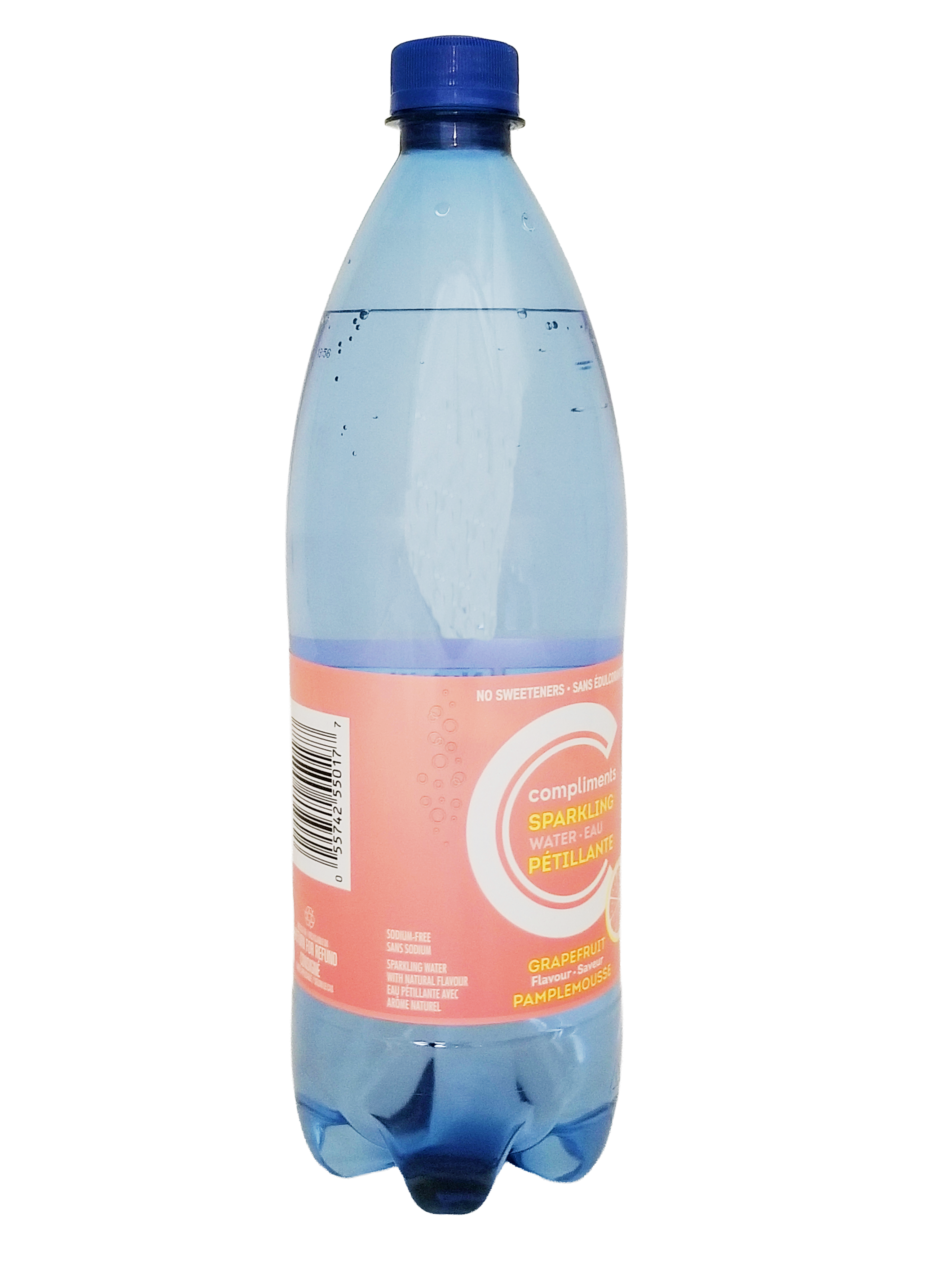 Bottle of Compliments Grapefruit Flavored Sparkling Water, 1L/35.2 fl oz with a blue cap and pink label on a white background
