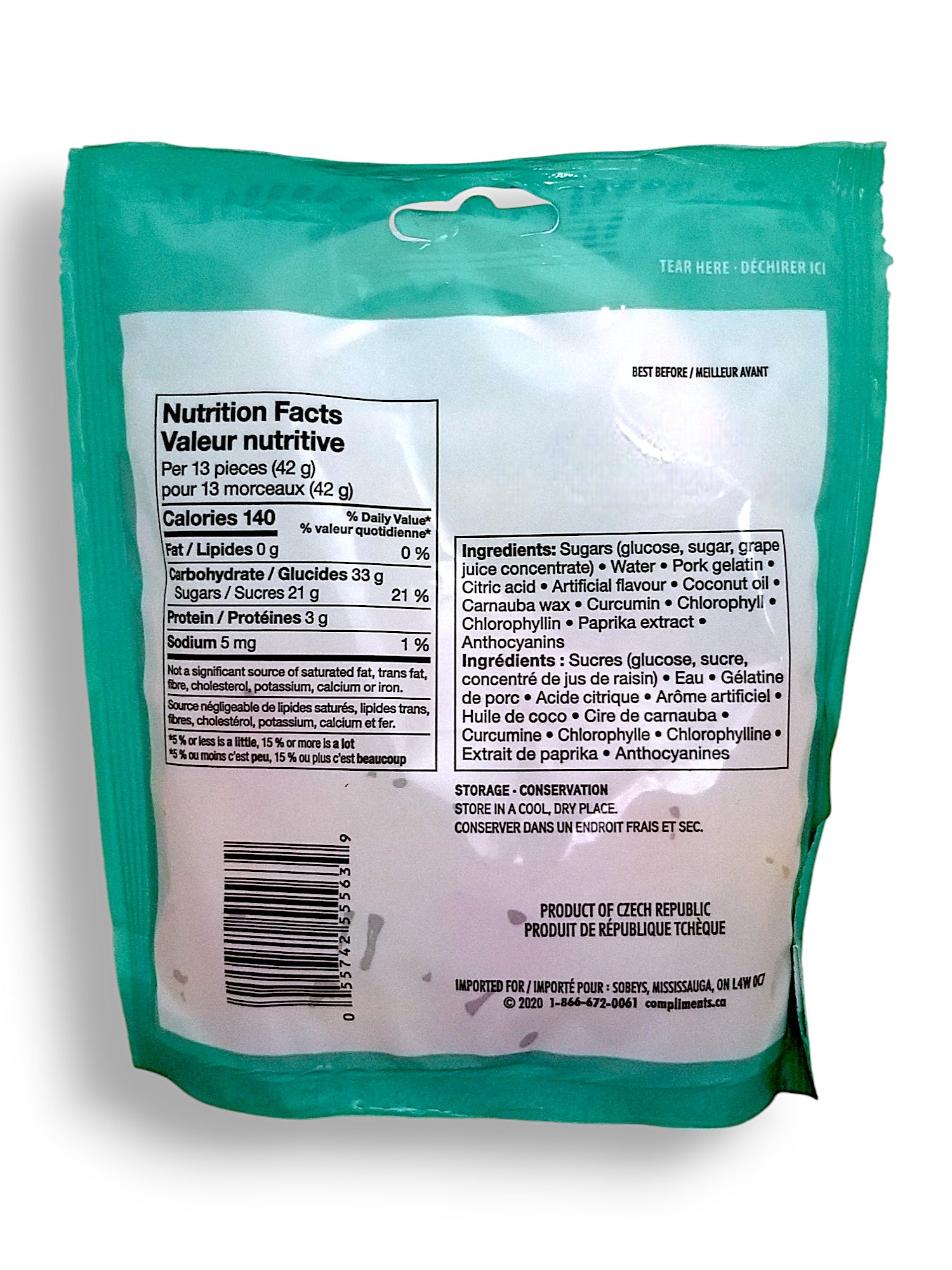Compliments Gummy Bears Candy, 125g/4.4 oz. Bag, back of bag.