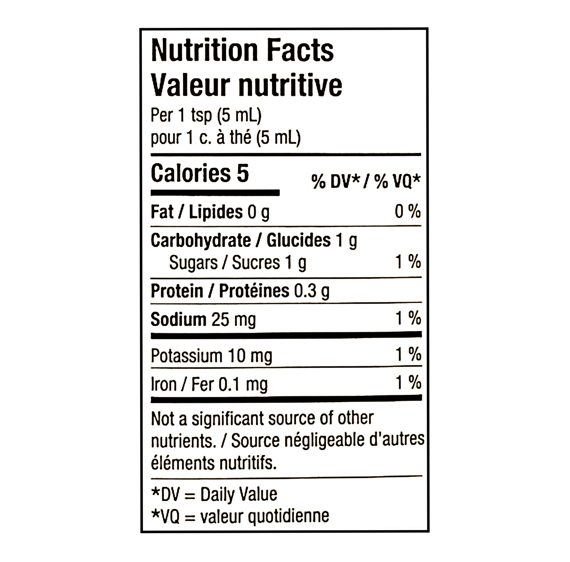 Compliments Honey Mustard 325ml nutrition facts label per 5ml serving
