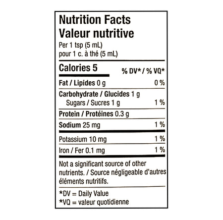 Compliments Honey Mustard 325ml nutrition facts label per 5ml serving