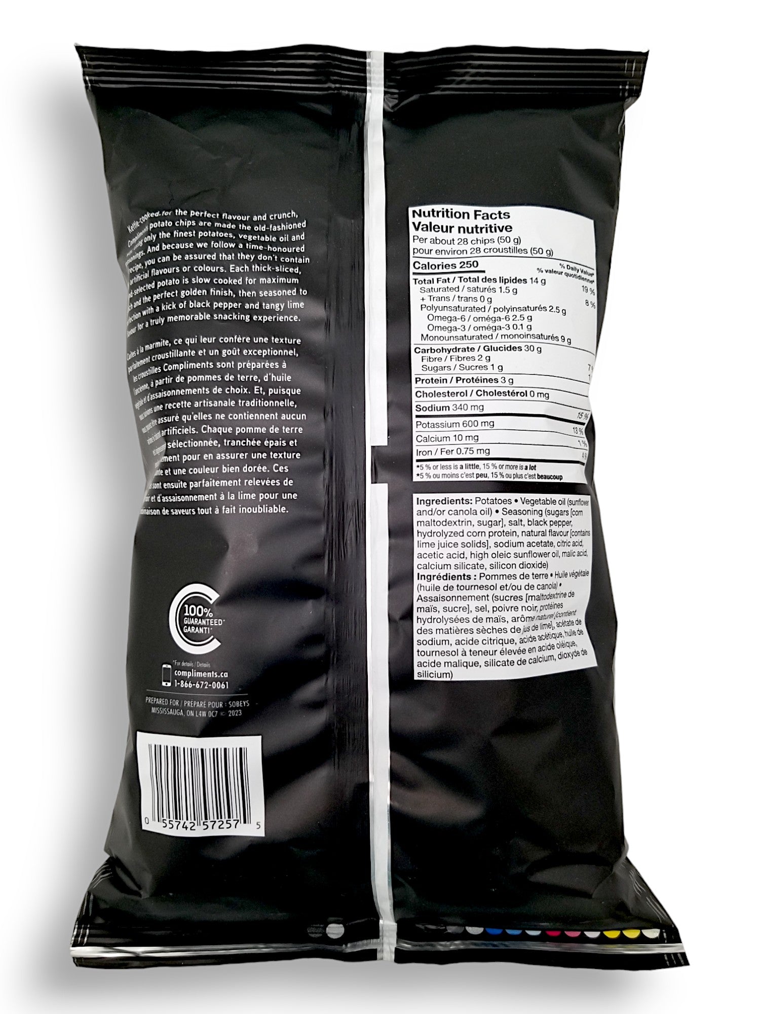Compliments Kettle-Cooked Black Pepper & Lime Potato Chips, 200g/7.1 oz., Bag, back of bag.