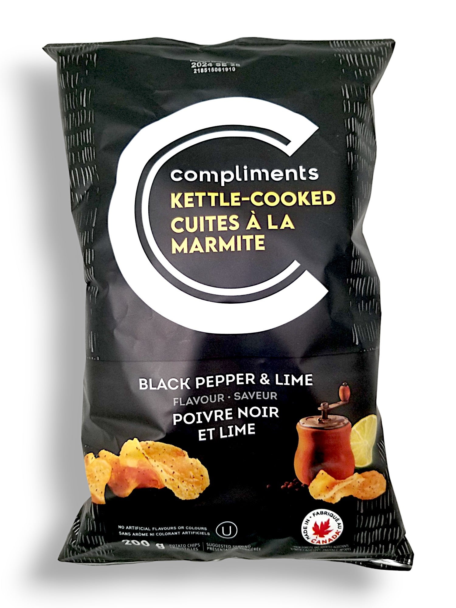 Compliments Kettle-Cooked Black Pepper & Lime Potato Chips, 200g/7.1 oz., Bag, front of bag.