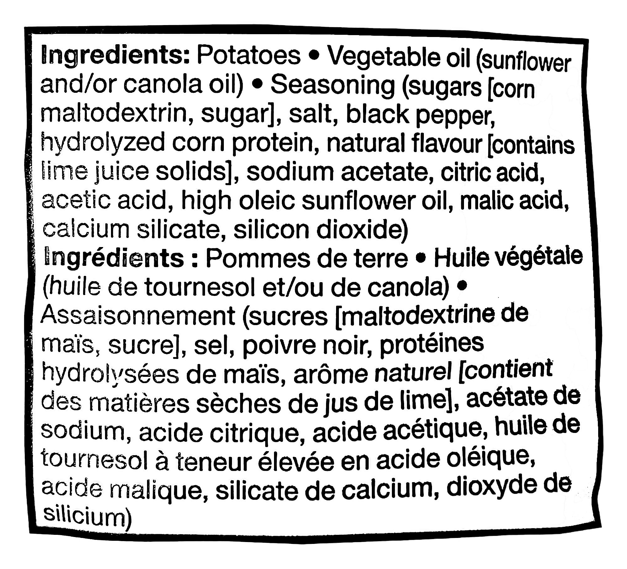 Compliments Kettle-Cooked Black Pepper & Lime Potato Chips, 200g/7.1 oz., Bag, ingredients label.