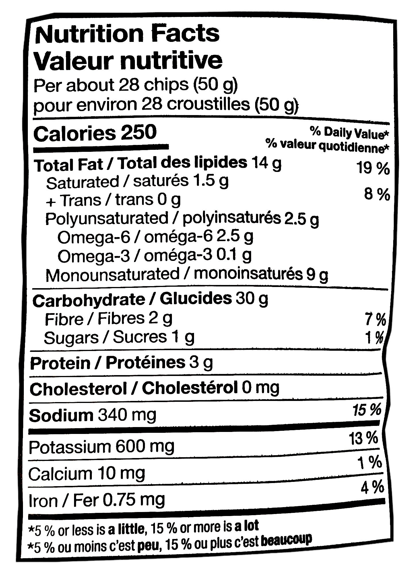 Compliments Kettle-Cooked Black Pepper & Lime Potato Chips, 200g/7.1 oz., Bag, nutrition facts label.