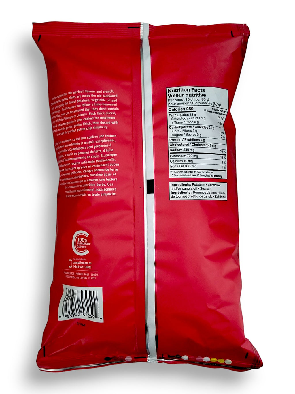 Compliments Kettle-Cooked Original Potato Chips, 200g/7.1 oz., Bag, back of bag.