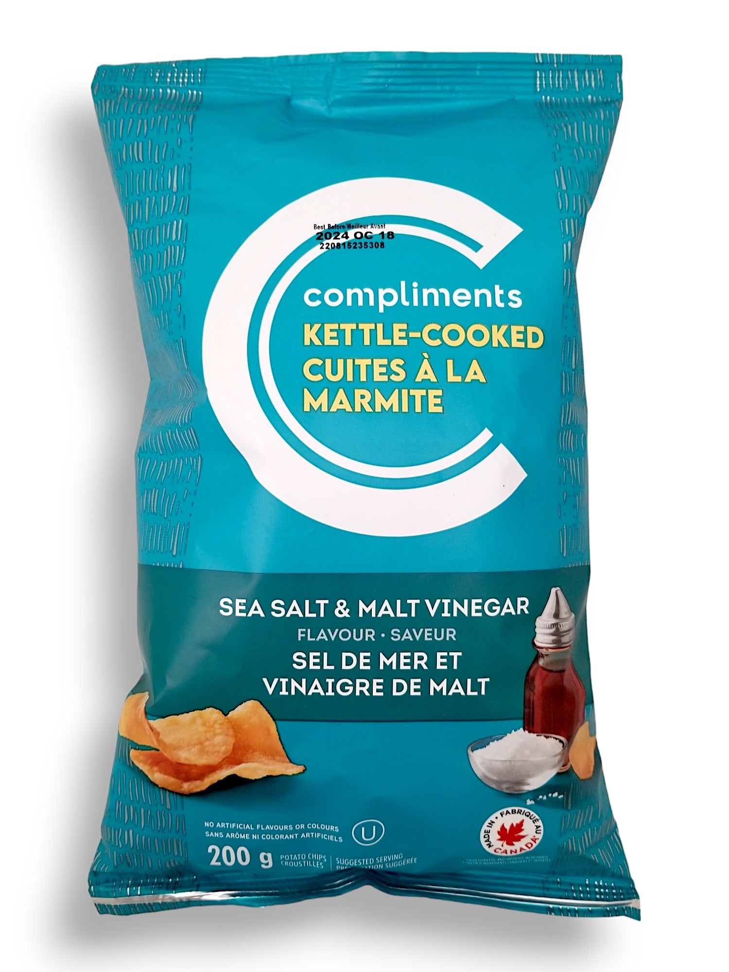 Compliments Kettle-Cooked Sea Salt & Malt Vinegar Potato Chips, 200g/7.1 oz., Bag, front of bag.