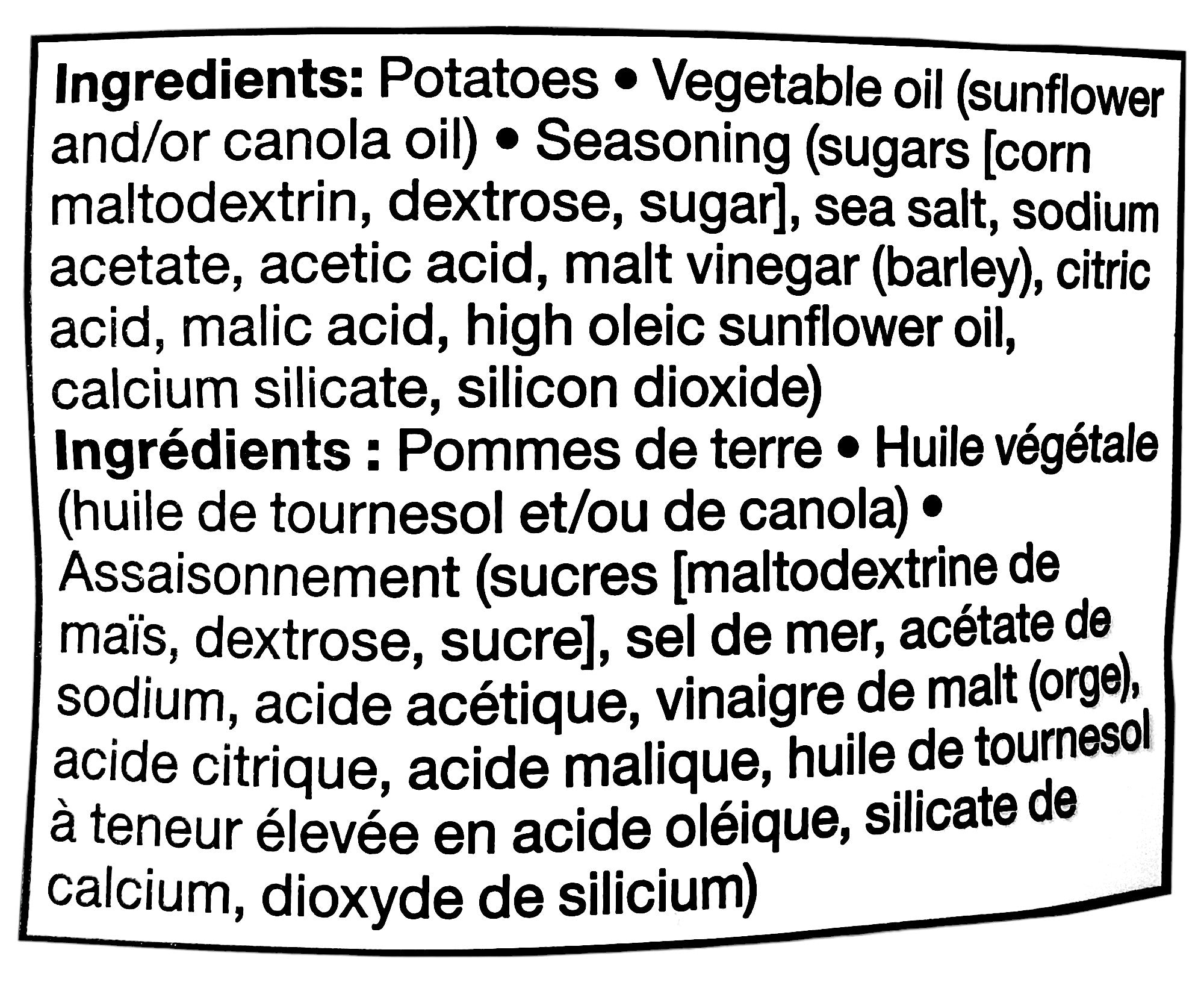 Compliments Kettle-Cooked Sea Salt & Malt Vinegar Potato Chips, 200g/7.1 oz., Bag, ingredients label.
