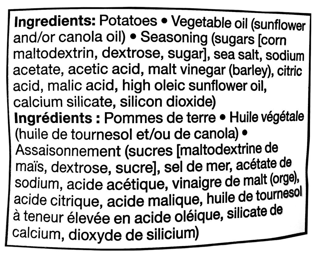 Compliments Kettle-Cooked Sea Salt & Malt Vinegar Potato Chips, 200g/7.1 oz., Bag, ingredients label.