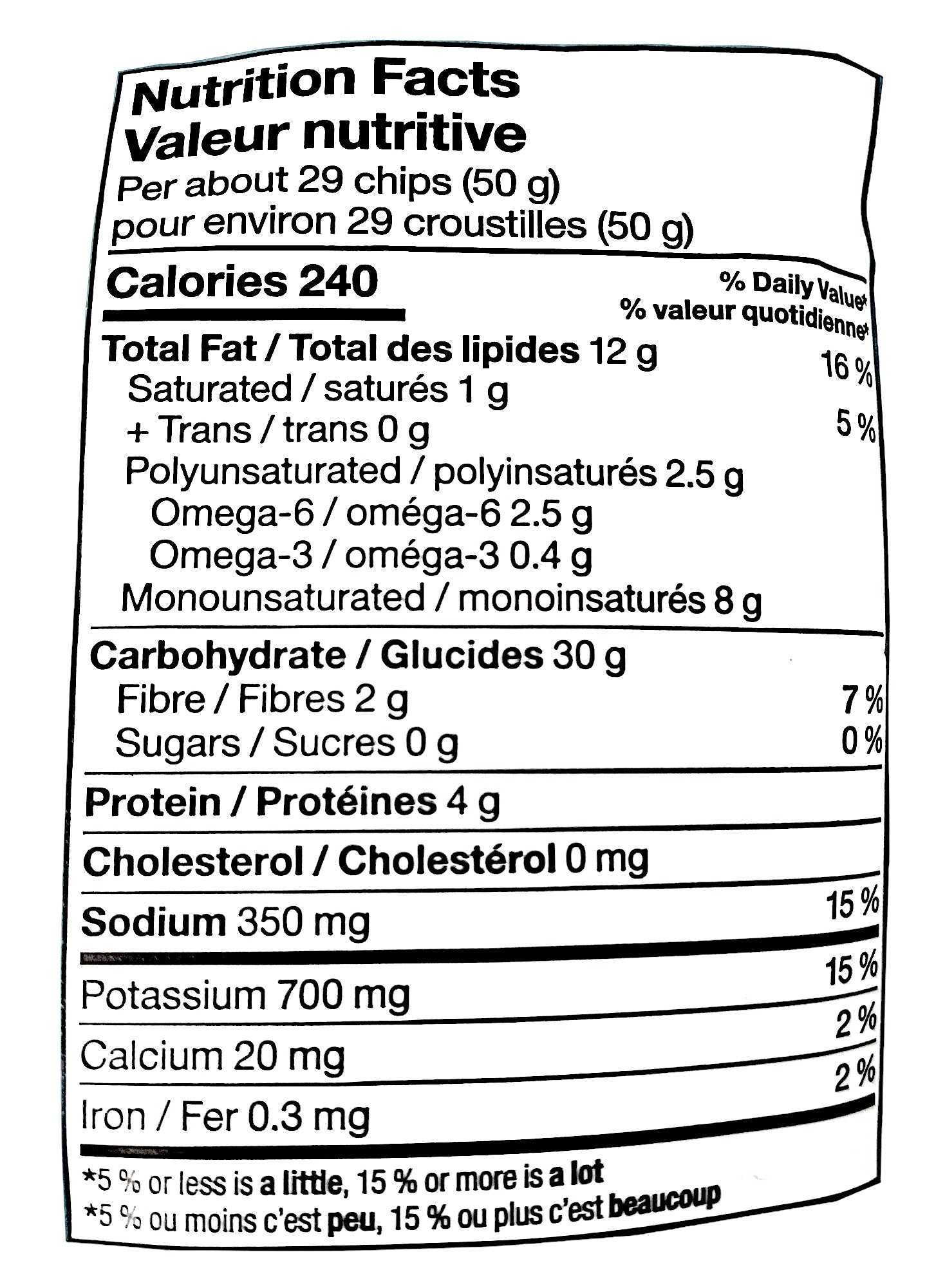 Compliments Kettle-Cooked Sea Salt & Malt Vinegar Potato Chips, 200g/7.1 oz., Bag, nutrition facts label.