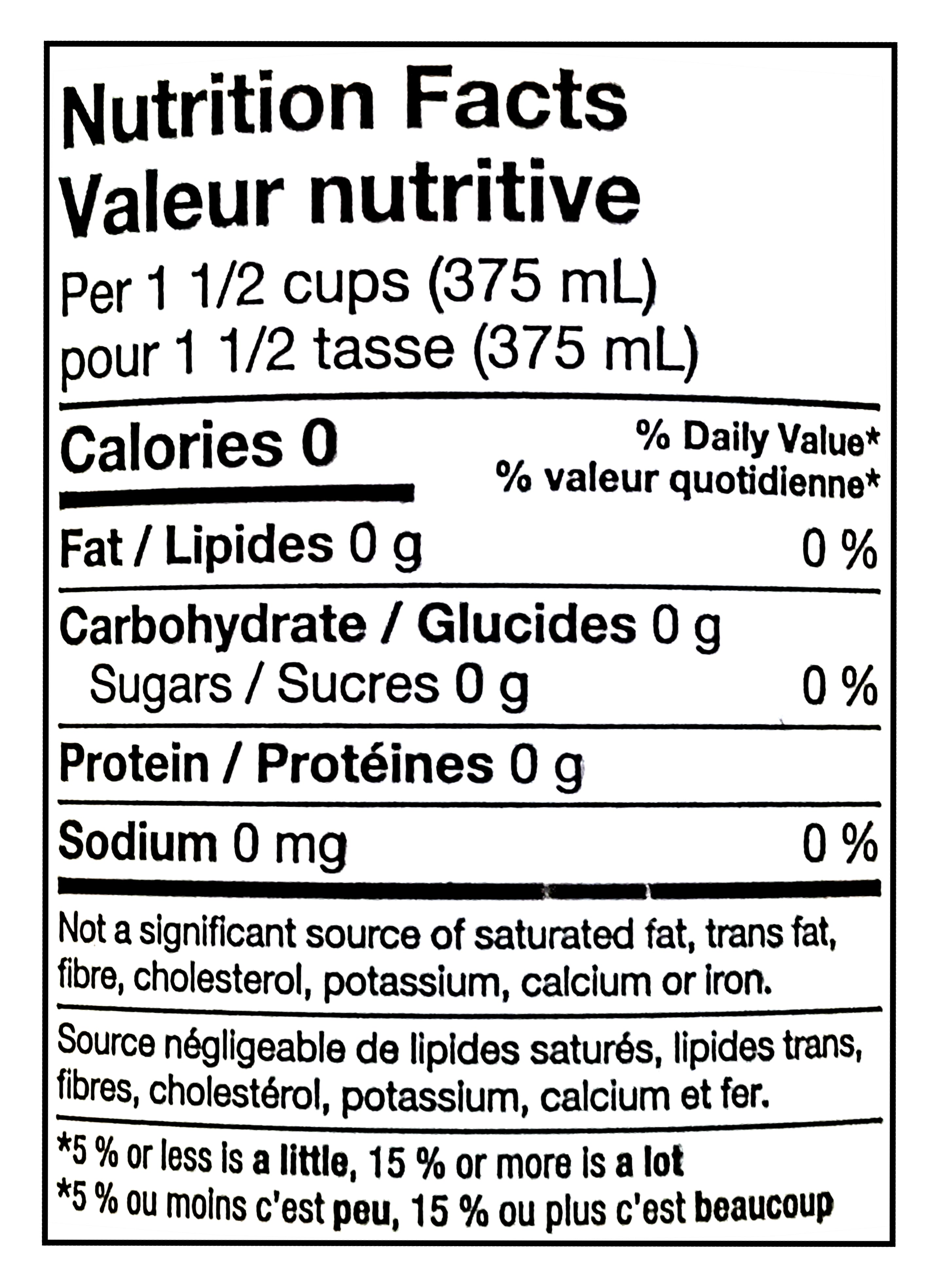 Nutrition facts label for Compliments Lemon Lime Flavored Sparkling Water, 1L/35.2 fl oz with 0 calories, 0 fat, 0 carbs, 0 sugars, 0 protein, and 0 sodium per 1.5 cups.