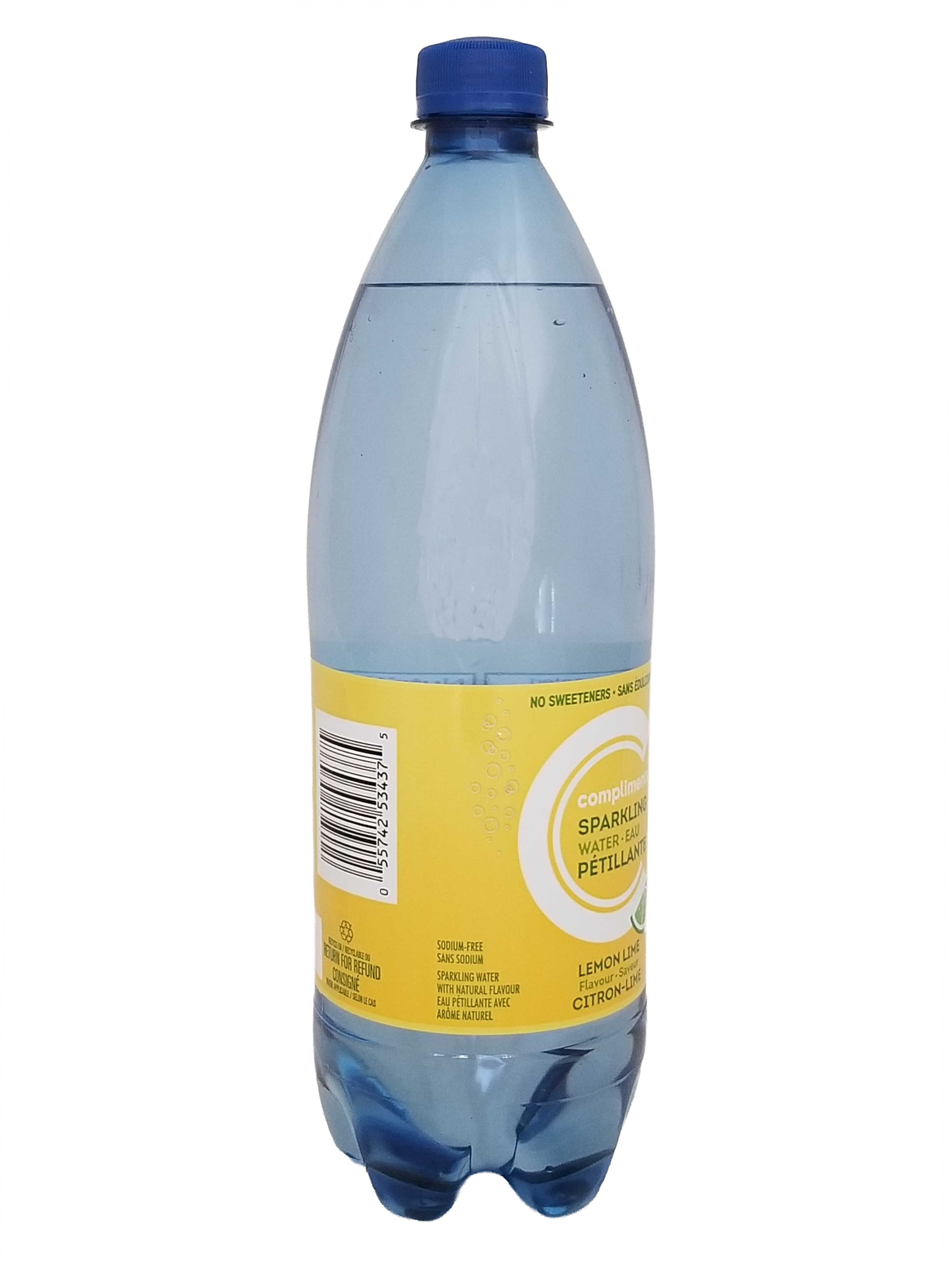 Bottle of Compliments Lemon Lime Flavored Sparkling Water, 1L/35.2 fl oz with a blue cap on a white background