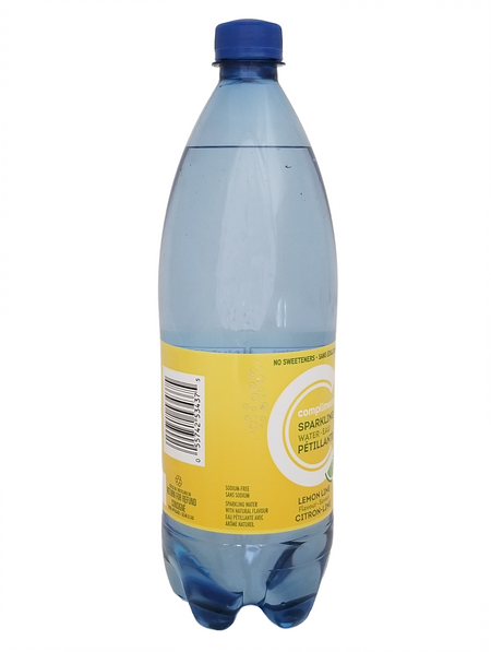 Bottle of Compliments Lemon Lime Flavored Sparkling Water, 1L/35.2 fl oz with a blue cap on a white background