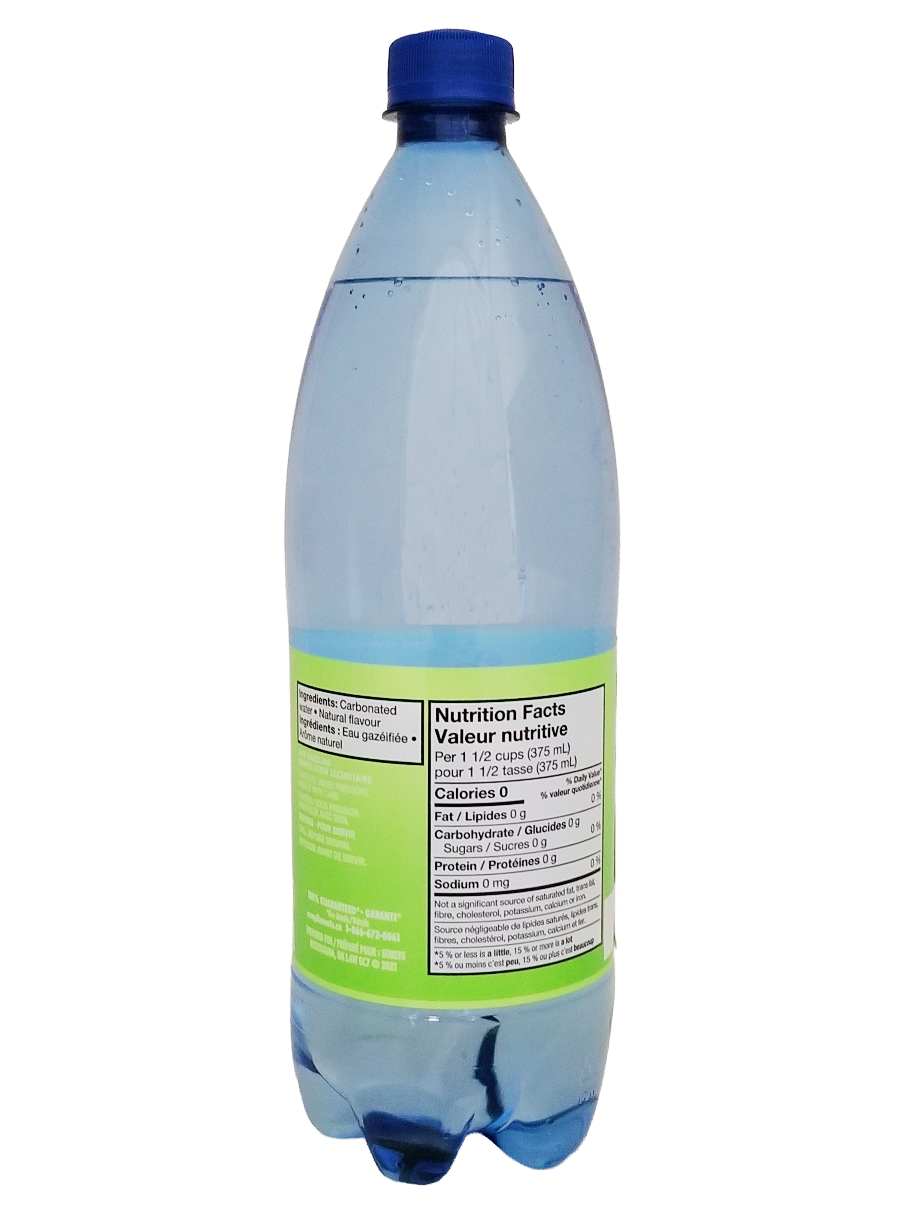 Bottle of Compliments Lime Flavored Sparkling Water, 1L/35.2 fl oz with a blue cap and green label on a white background