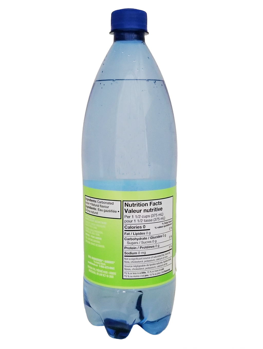 Bottle of Compliments Lime Flavored Sparkling Water, 1L/35.2 fl oz with a blue cap and green label on a white background