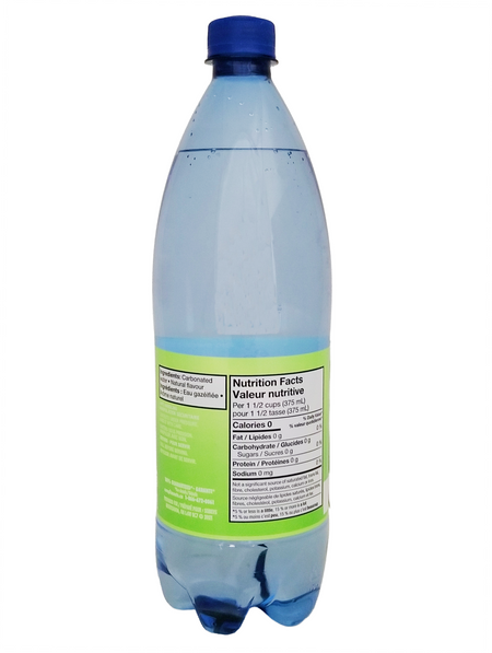 Bottle of Compliments Lime Flavored Sparkling Water, 1L/35.2 fl oz with a blue cap and green label on a white background