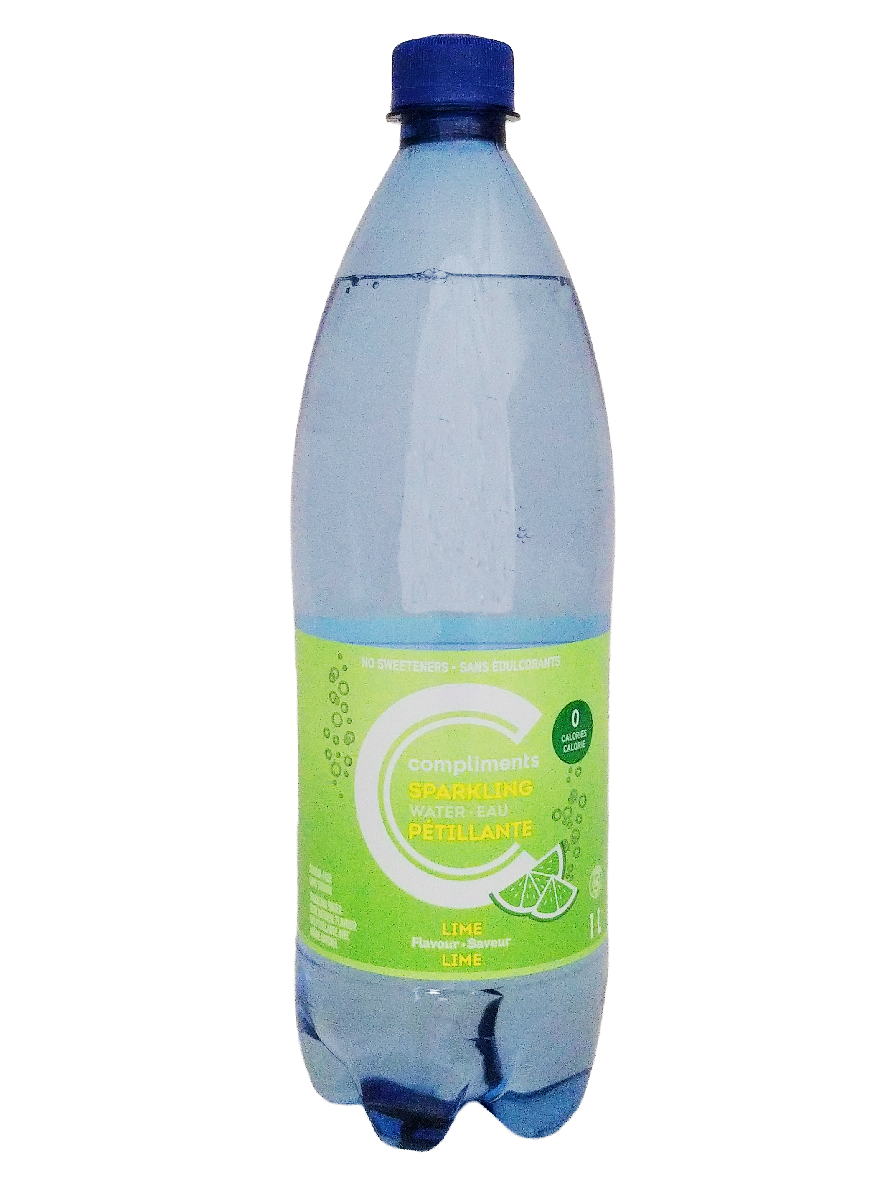 Bottle of Compliments Lime Flavored Sparkling Water, 1L/35.2 fl oz with a blue cap on a white background