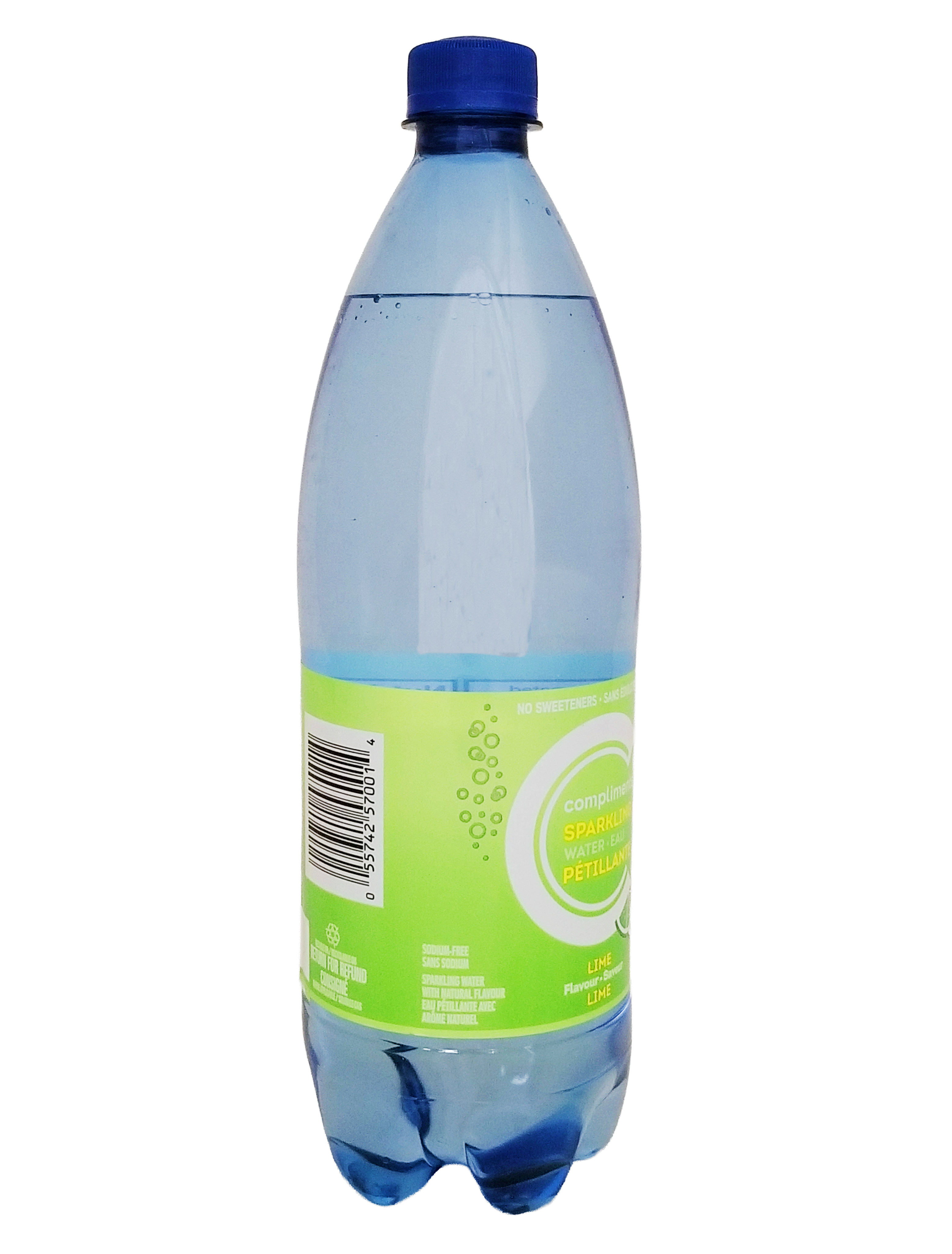 Plastic bottle of Compliments Lime Flavored Sparkling Water, 1L/35.2 fl oz with a blue cap and green label on a white background
