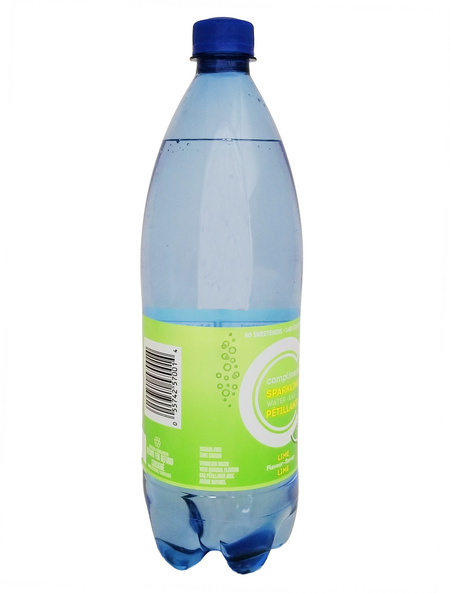 Plastic bottle of Compliments Lime Flavored Sparkling Water, 1L/35.2 fl oz with a blue cap and green label on a white background