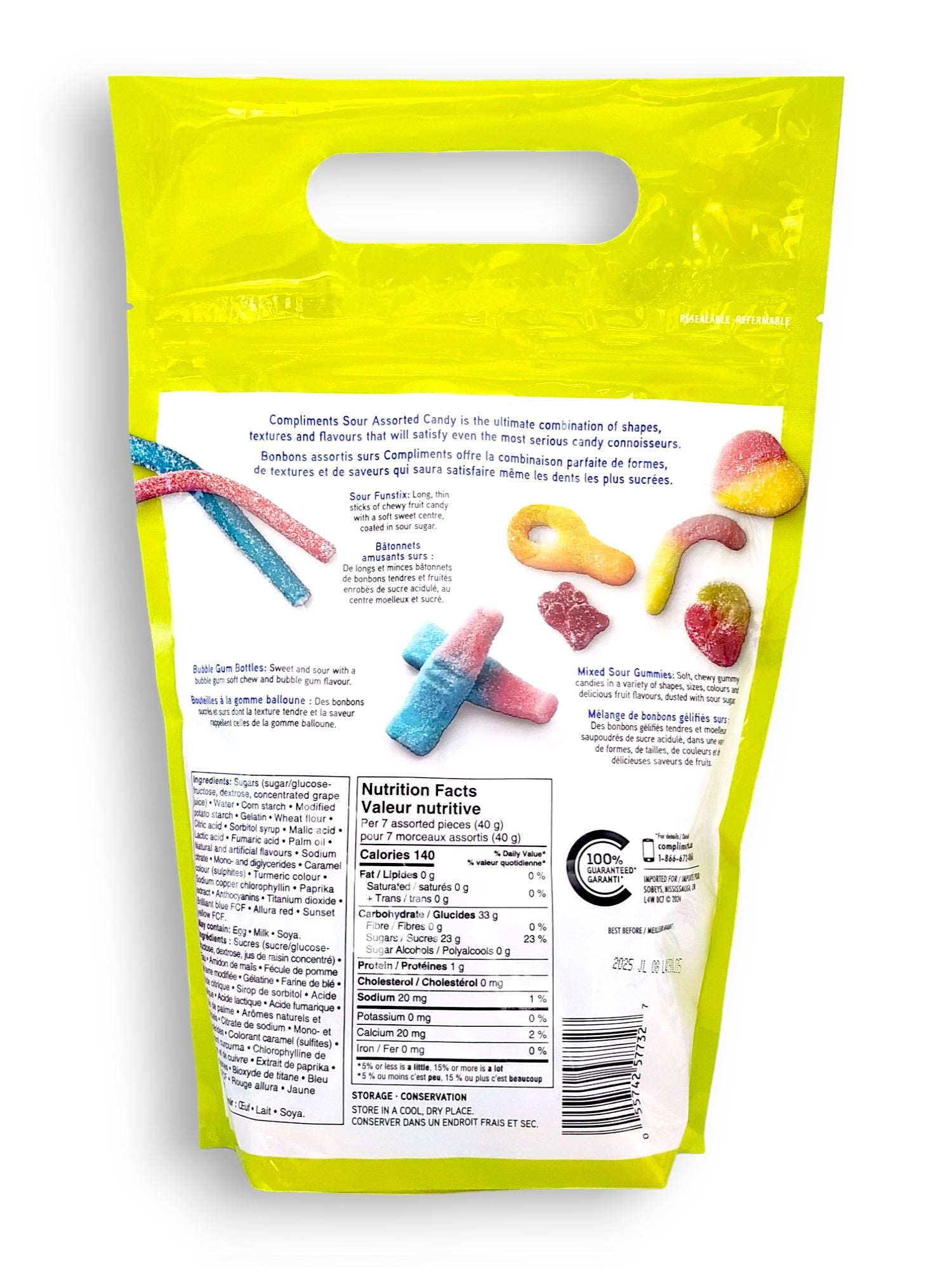Compliments Mega Mix Sour Assorted Candy, 800g, back of bag.