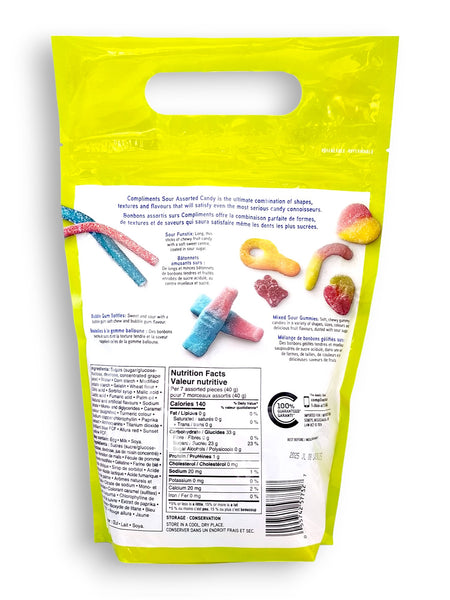 Compliments Mega Mix Sour Assorted Candy, 800g, back of bag.