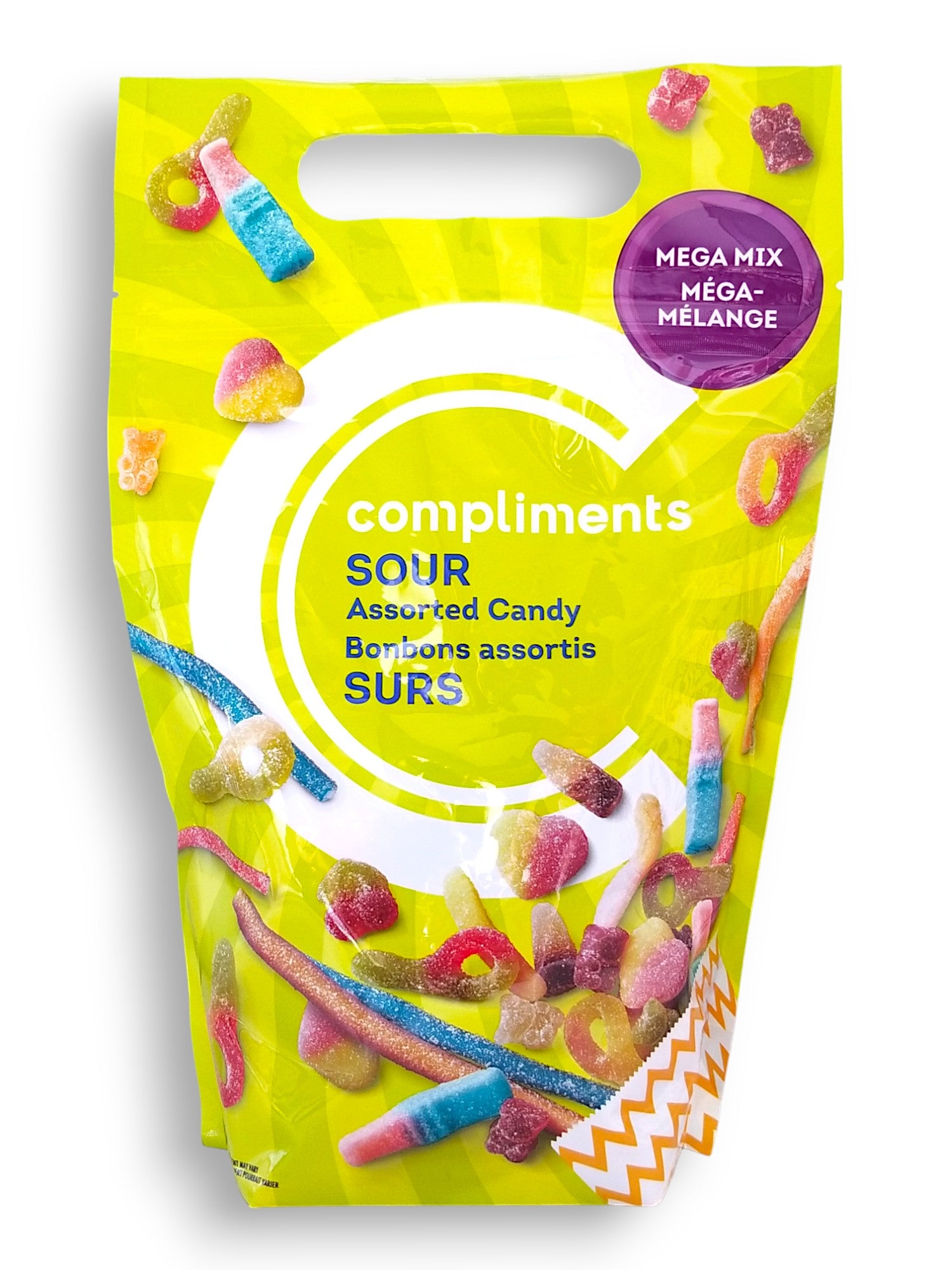 Compliments Mega Mix Sour Assorted Candy, 800g, front of bag.