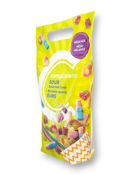 Compliments Mega Mix Sour Assorted Candy, 800g, side of bag.