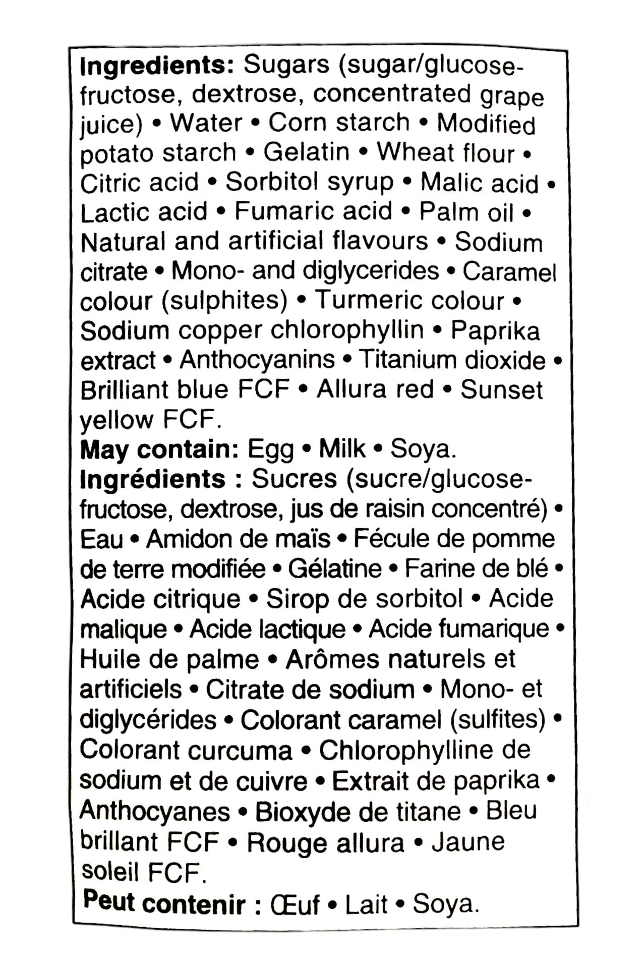 Compliments Mega Mix Sour Assorted Candy, 800g, ingredients label.